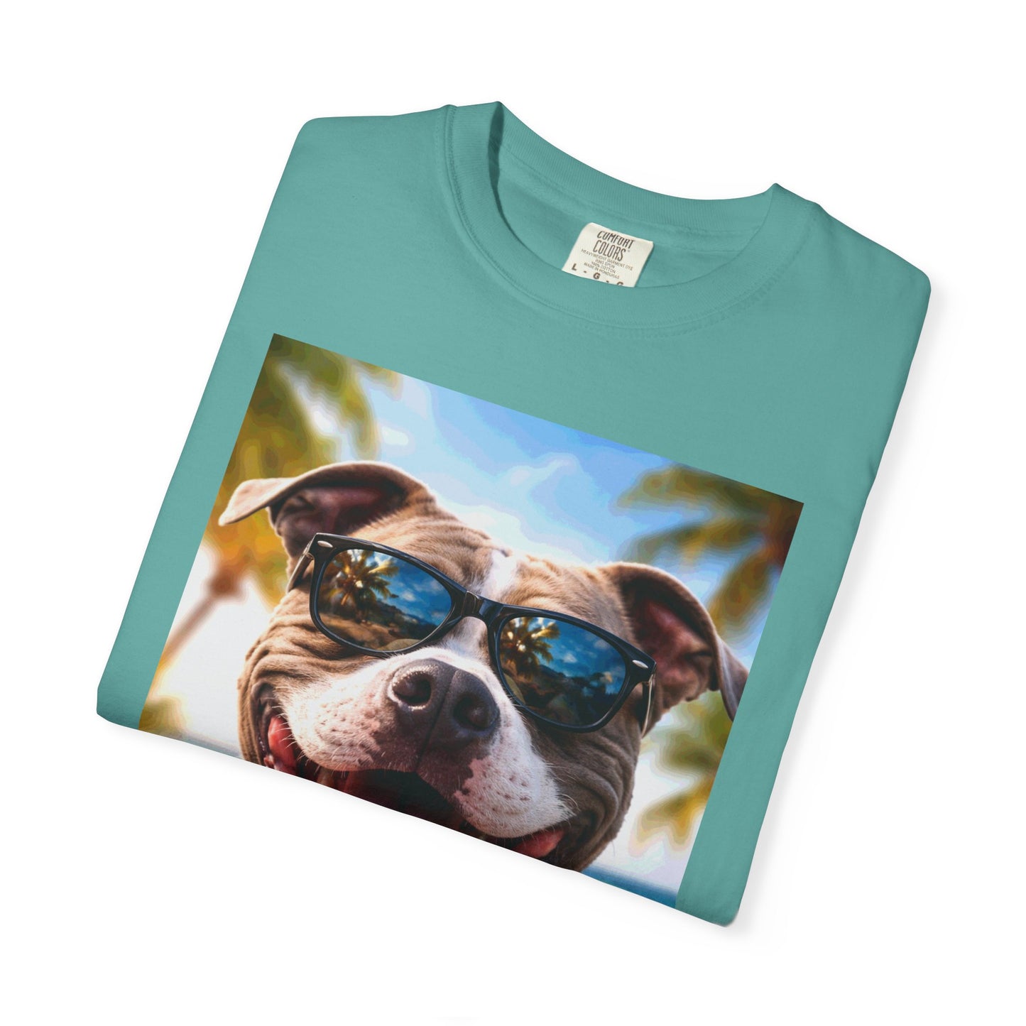 Happy Dog in Sunglasses T-Shirt — Summer Beach Pitbull Graphic Tee