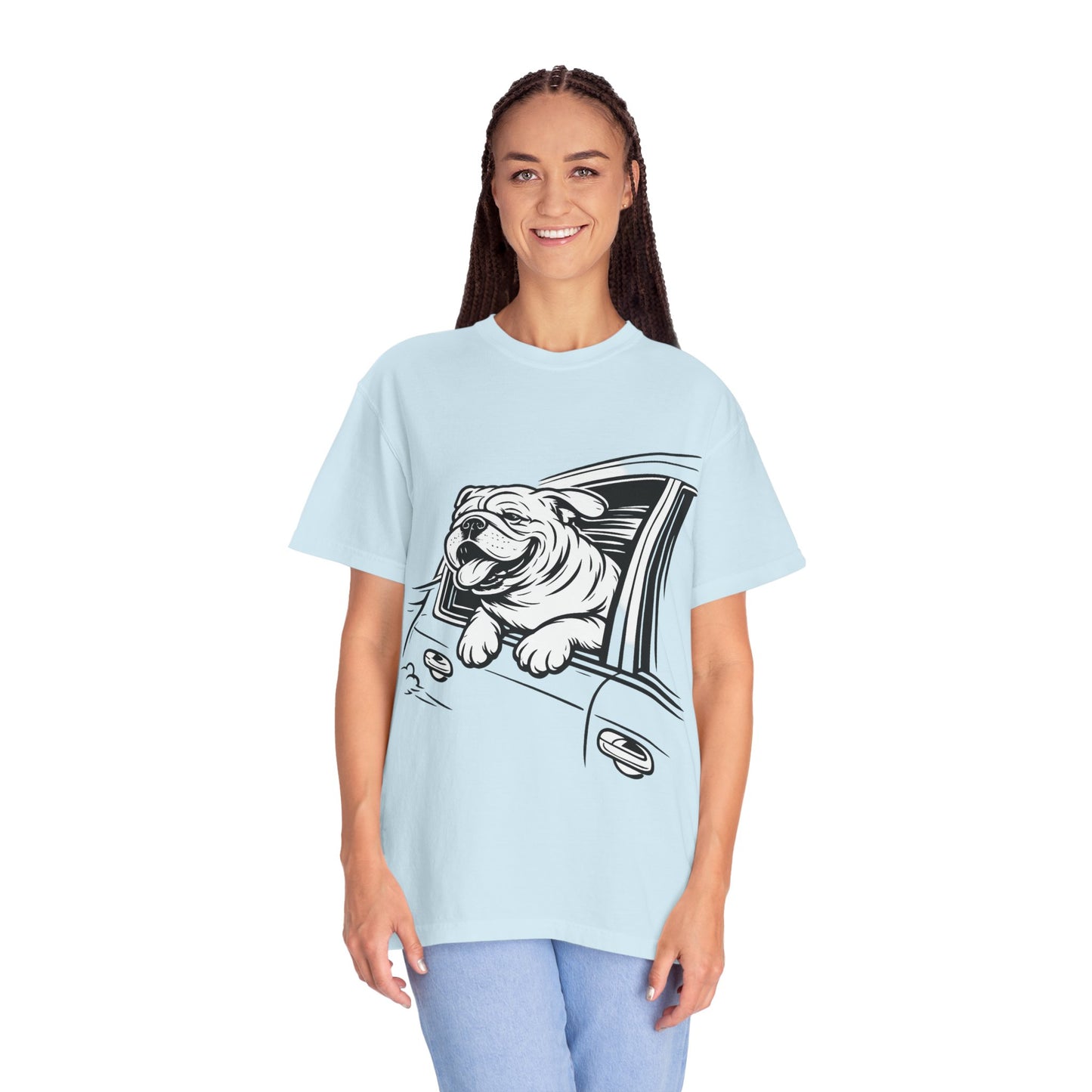 Bulldog Head Out Car Window T-Shirt — Cute Driving Dog Tee