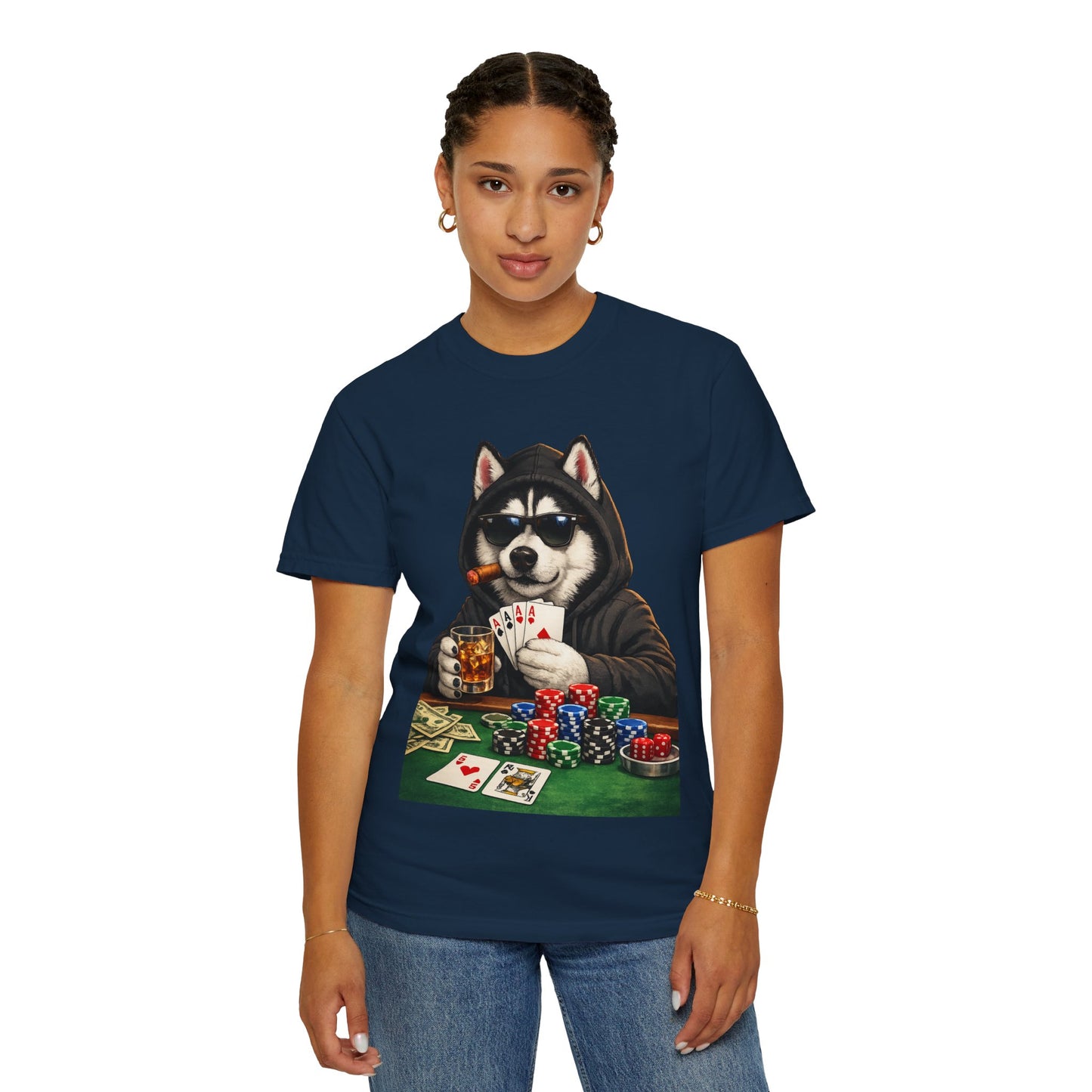 Poker Husky T-Shirt — Dog Playing Cards & Chips Graphic Tee