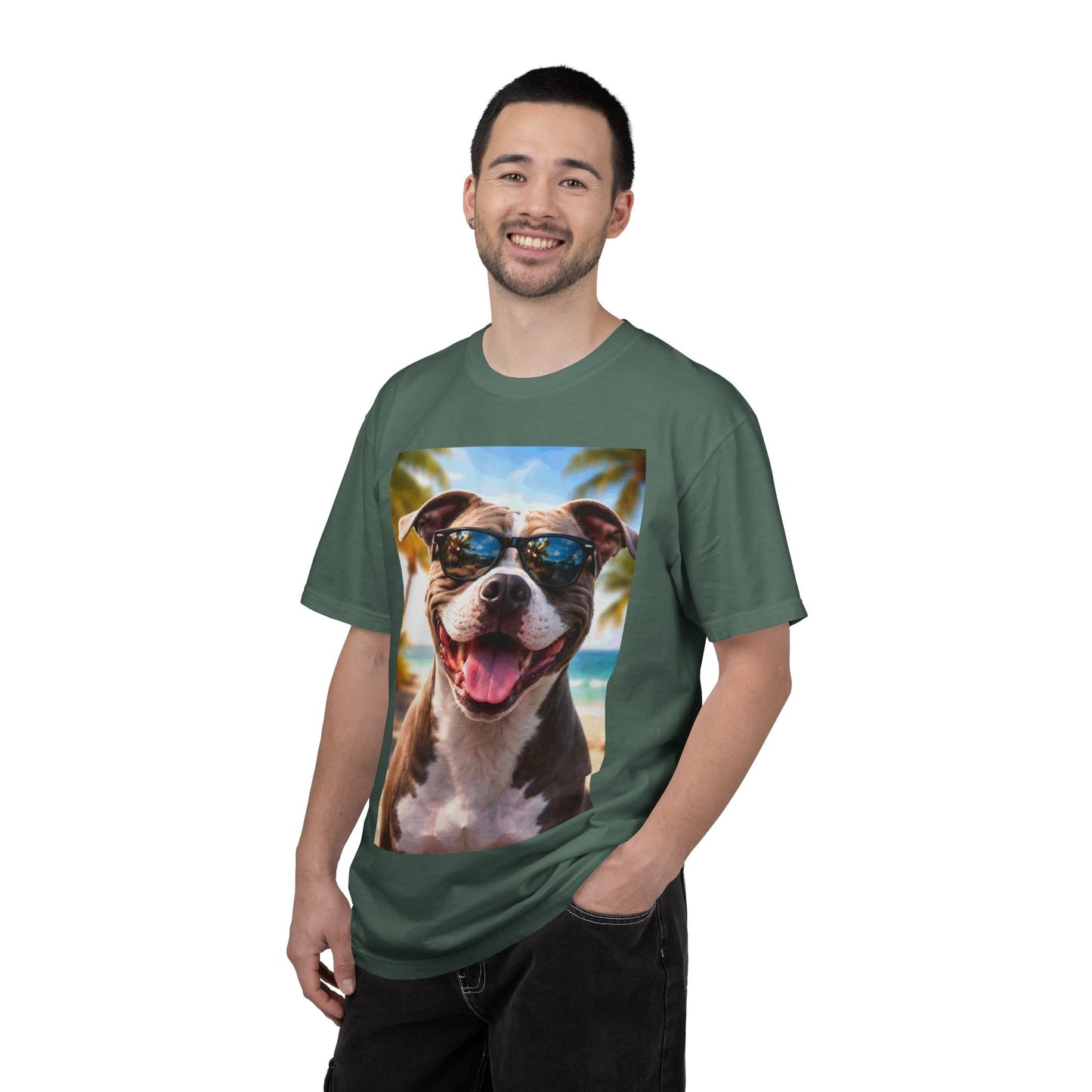 Happy Dog in Sunglasses T-Shirt — Summer Beach Pitbull Graphic Tee