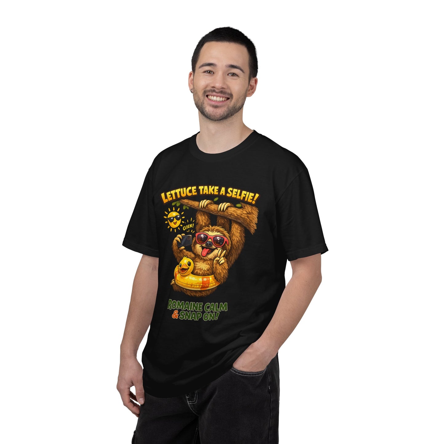 Romaine Calm & Snap On T-Shirt — 'Lettuce Take a Selfie' Sloth Graphic Tee