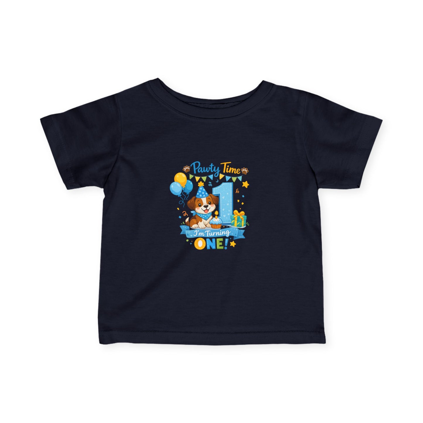 1st Birthday Infant Tee — "Party Time! Turning One" Cute Puppy Balloon Design