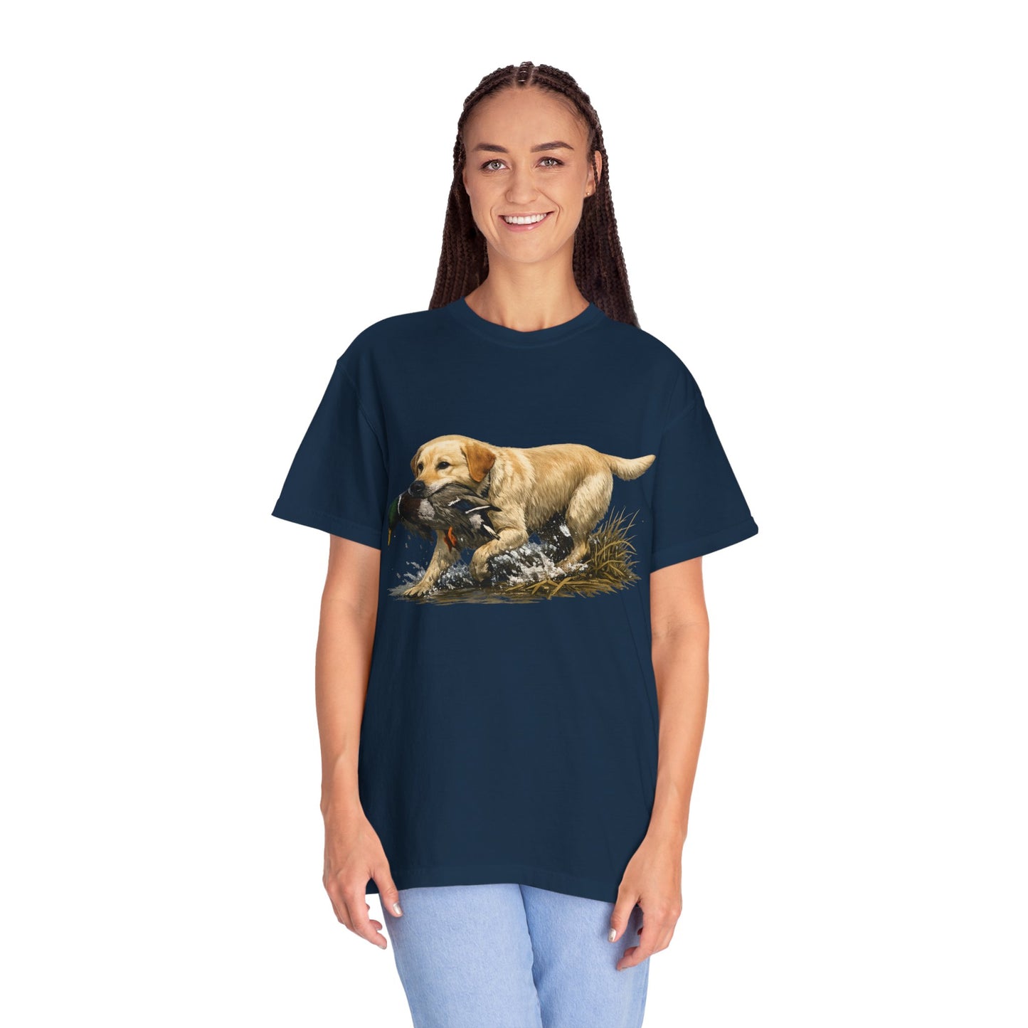 Labrador Retriever Hunting Dog T-Shirt — Yellow Lab with Duck Graphic