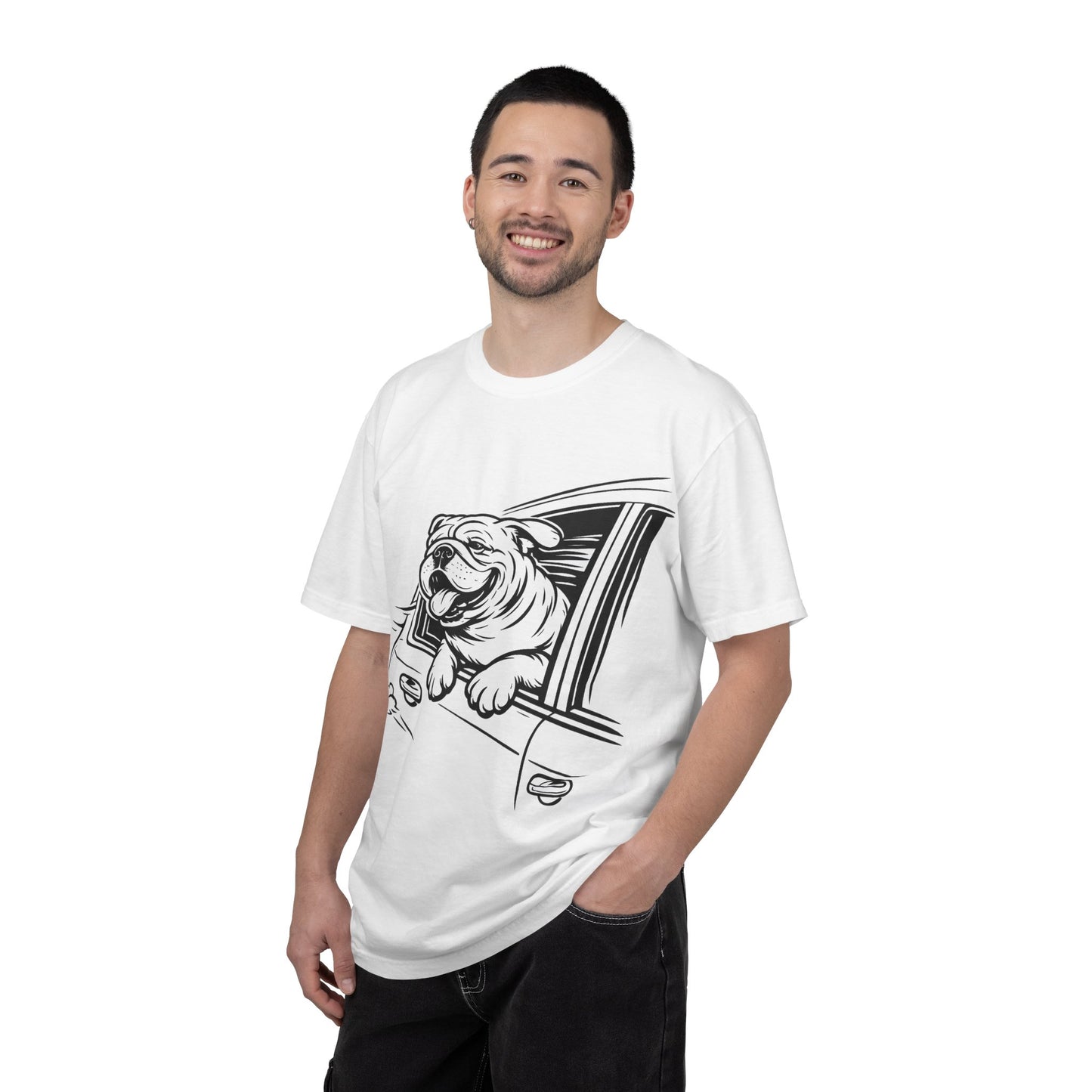 Bulldog Head Out Car Window T-Shirt — Cute Driving Dog Tee