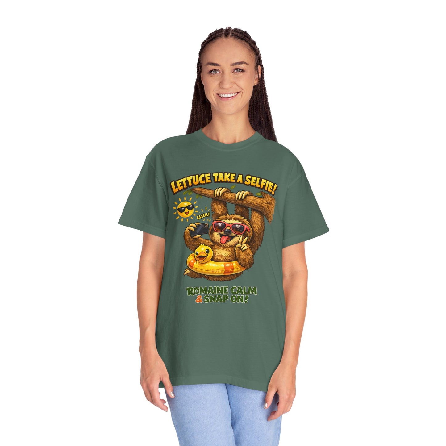 Romaine Calm & Snap On T-Shirt — 'Lettuce Take a Selfie' Sloth Graphic Tee