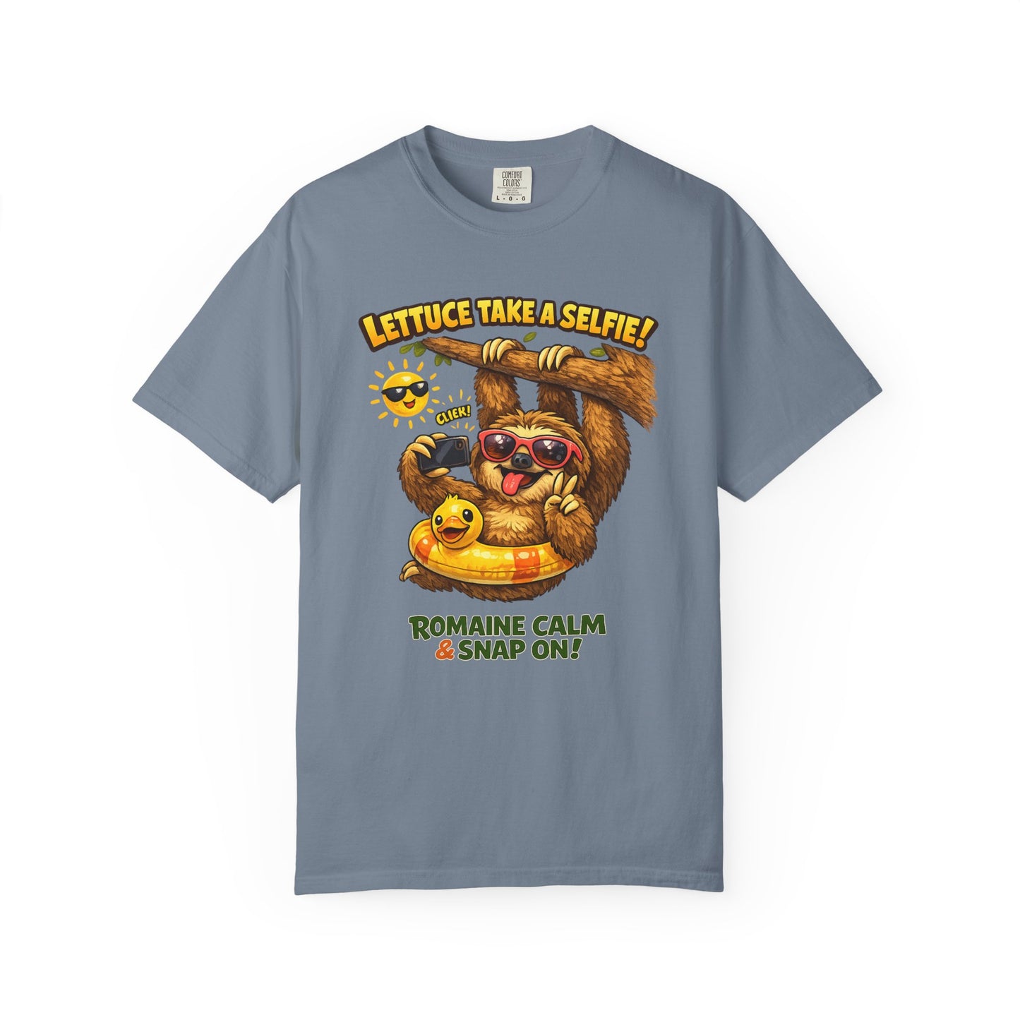 Romaine Calm & Snap On T-Shirt — 'Lettuce Take a Selfie' Sloth Graphic Tee