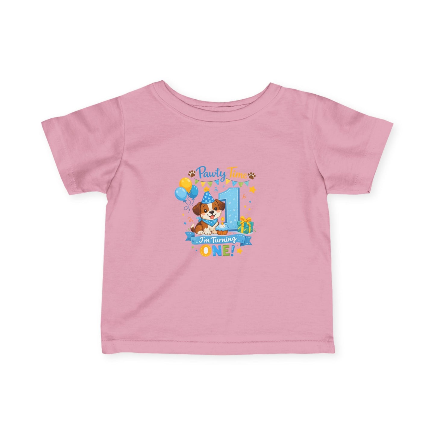 1st Birthday Infant Tee — "Party Time! Turning One" Cute Puppy Balloon Design