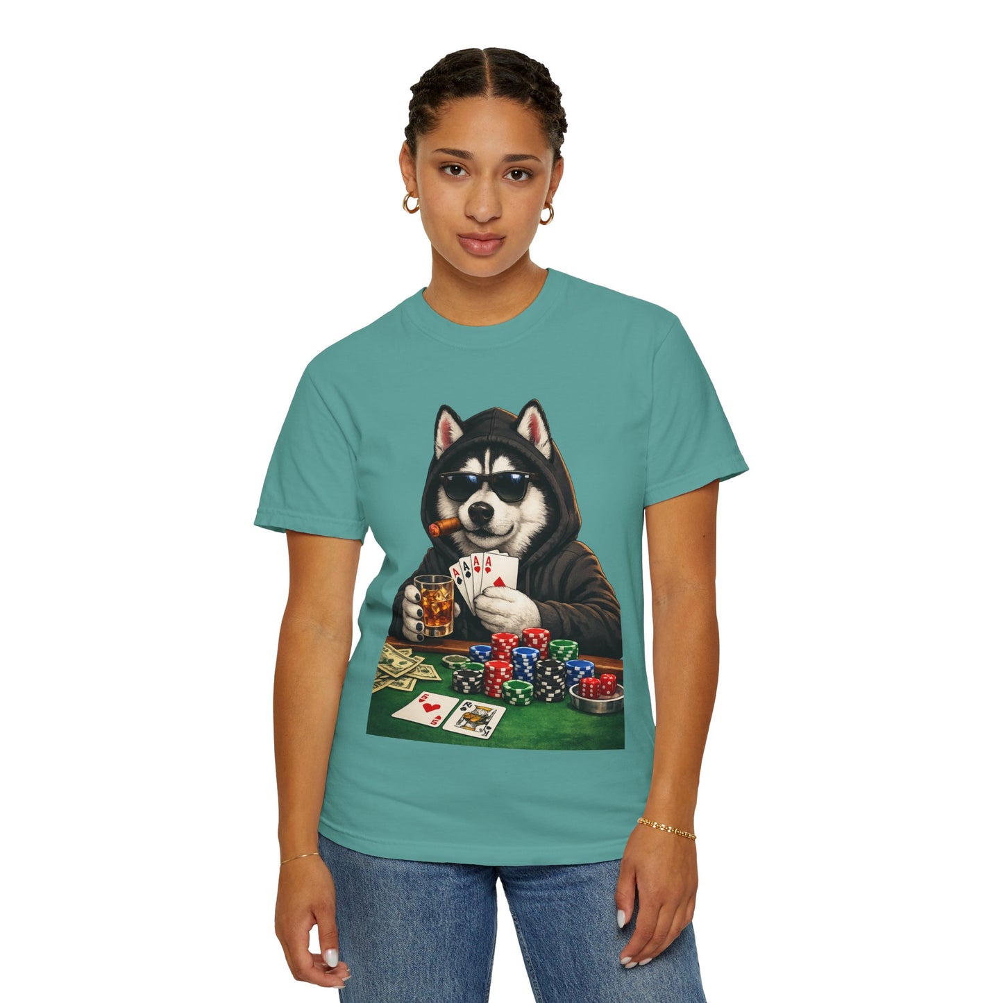Poker Husky T-Shirt — Dog Playing Cards & Chips Graphic Tee