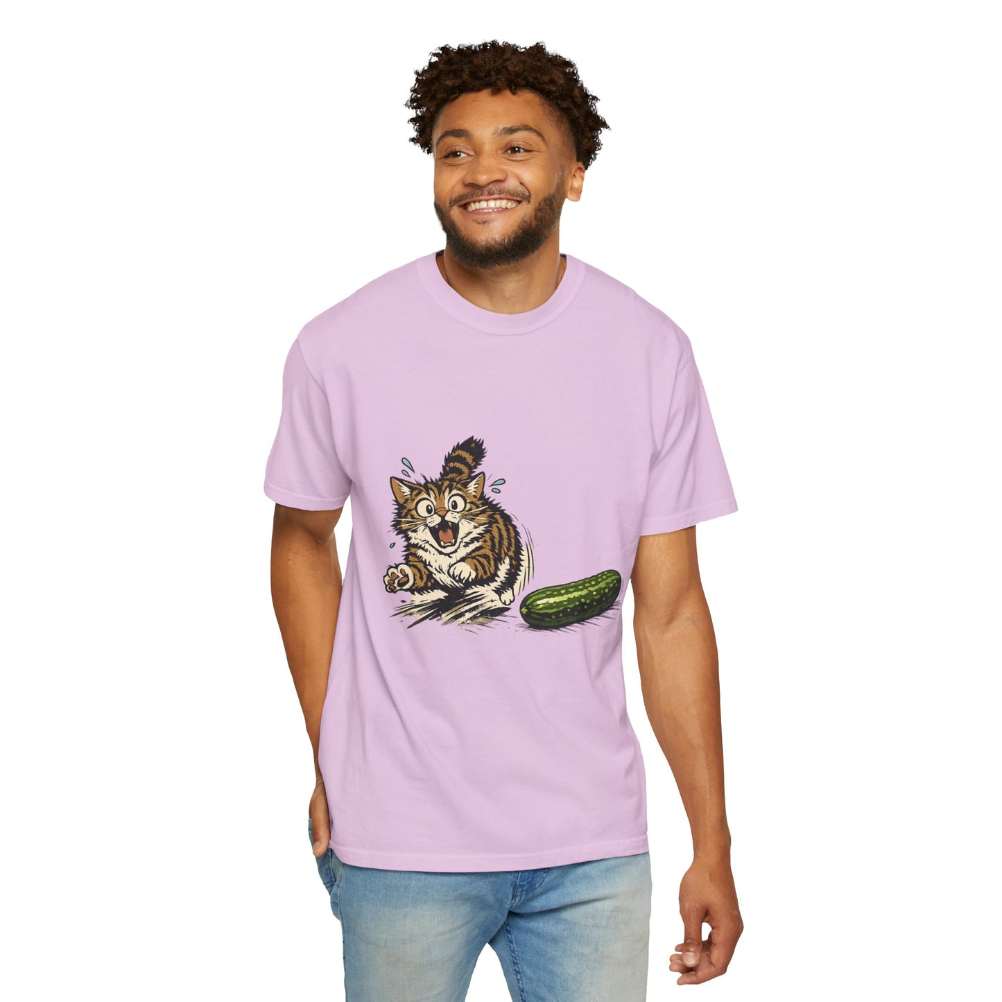 Cat and Cucumber Fear Graphic T-Shirt — Surprised Kitten with Cucumber Illustration