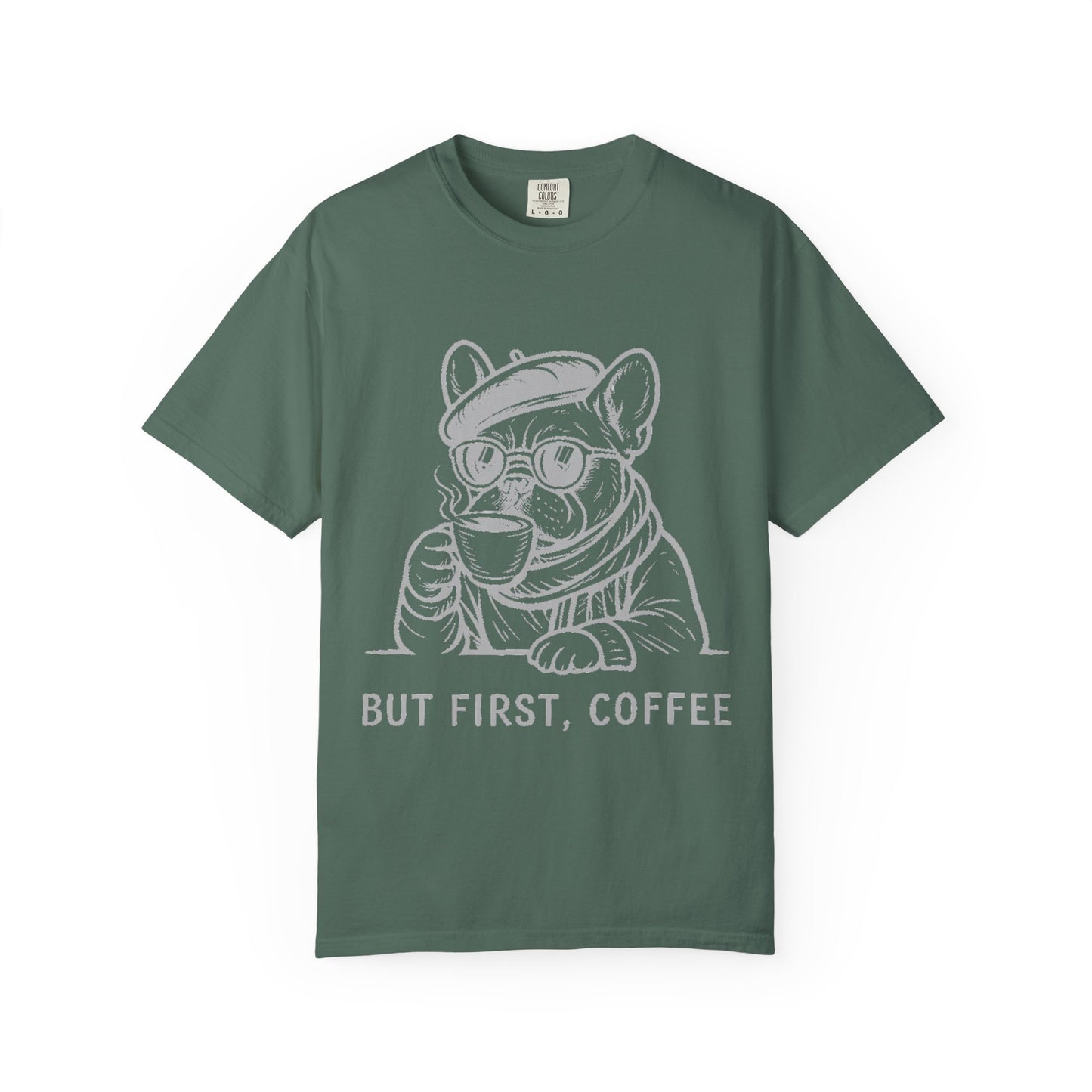 But First, Coffee T-Shirt — French Bulldog Drinking Coffee Graphic Tee