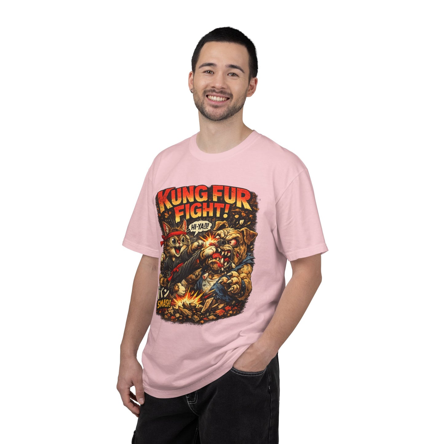 Kung Fur Fight T-Shirt — Retro Cat vs Dog Martial Arts Graphic Tee