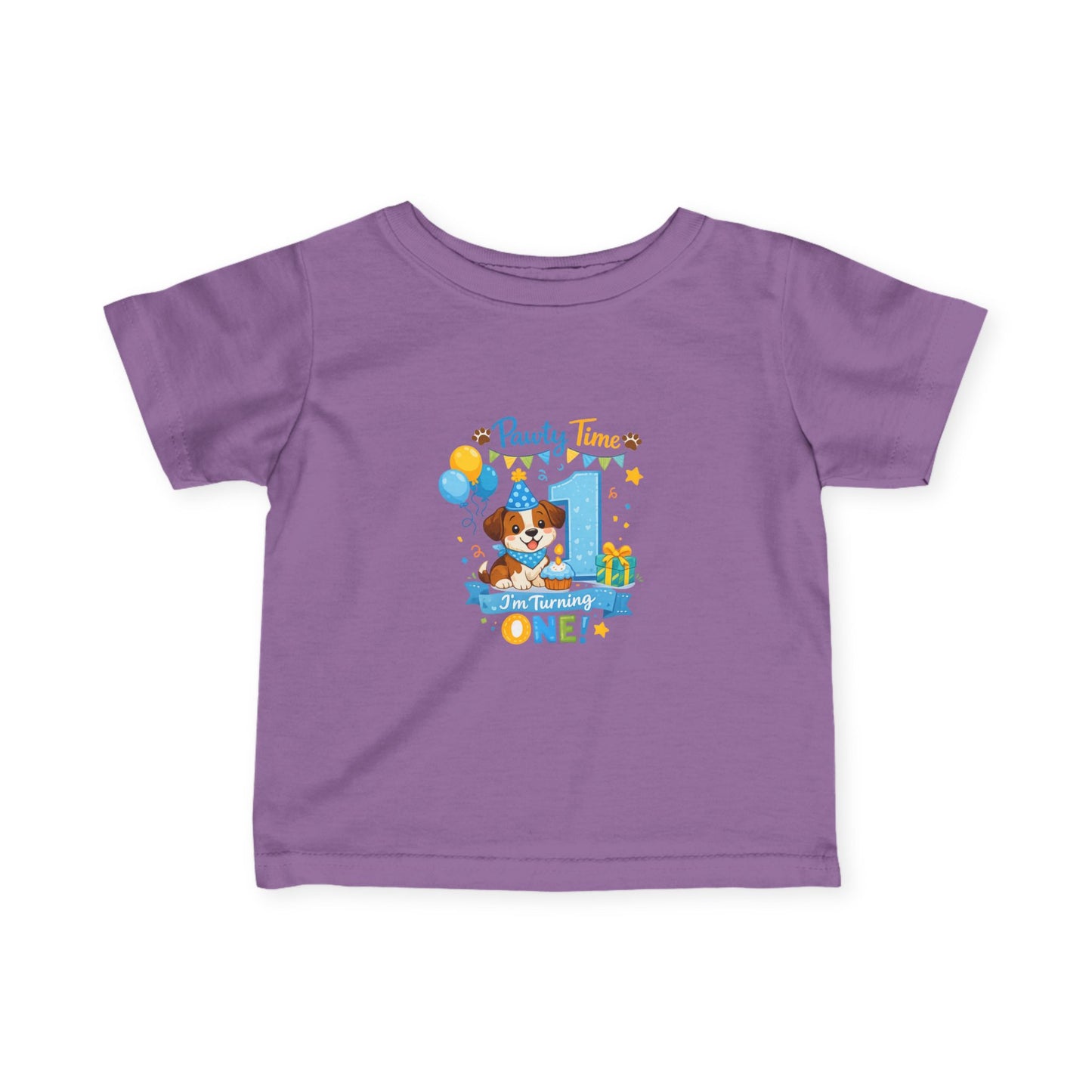 1st Birthday Infant Tee — "Party Time! Turning One" Cute Puppy Balloon Design