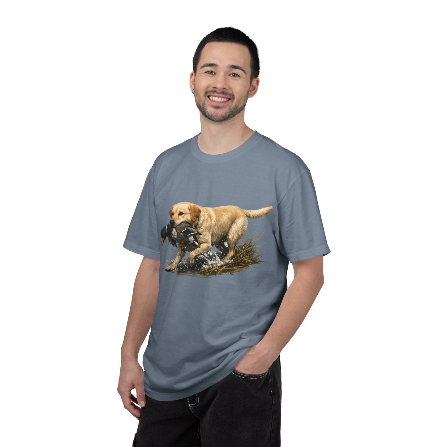 Labrador Retriever Hunting Dog T-Shirt — Yellow Lab with Duck Graphic