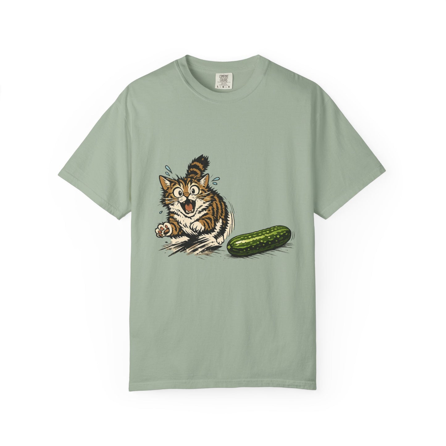 Cat and Cucumber Fear Graphic T-Shirt — Surprised Kitten with Cucumber Illustration