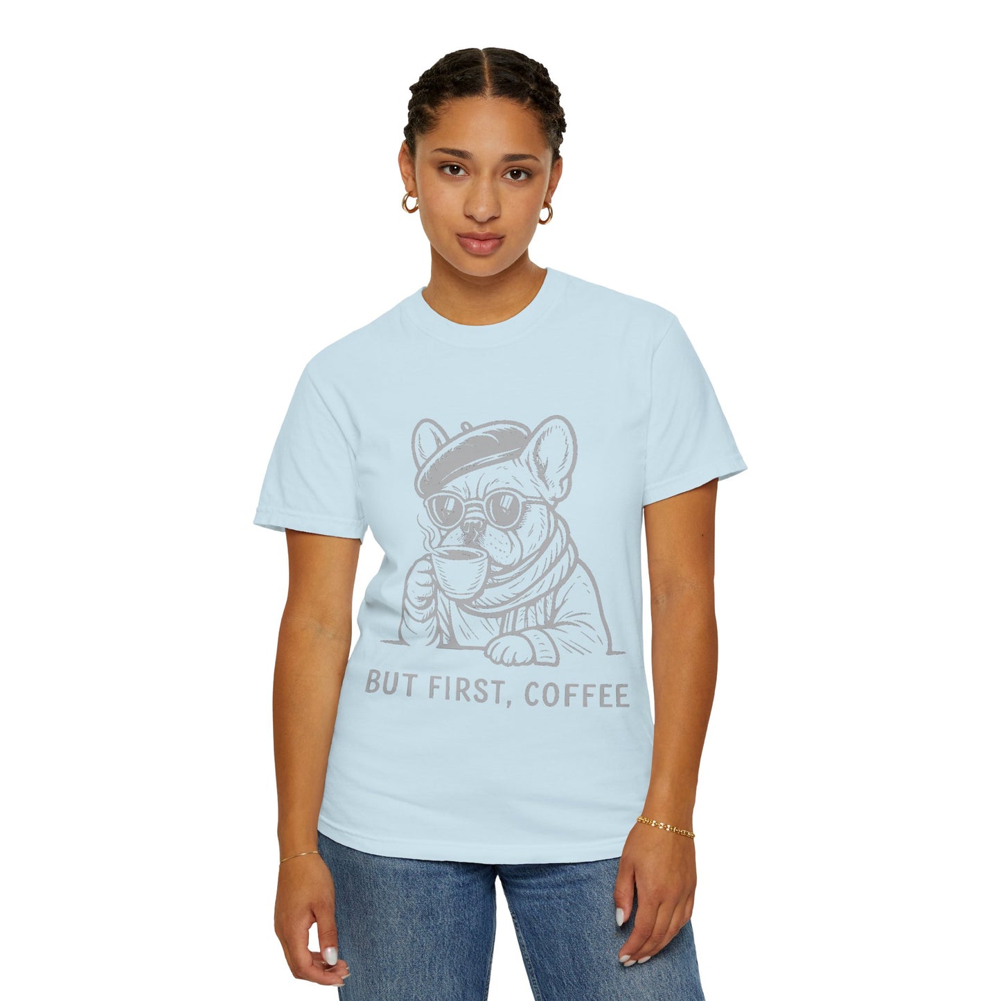 But First, Coffee T-Shirt — French Bulldog Drinking Coffee Graphic Tee