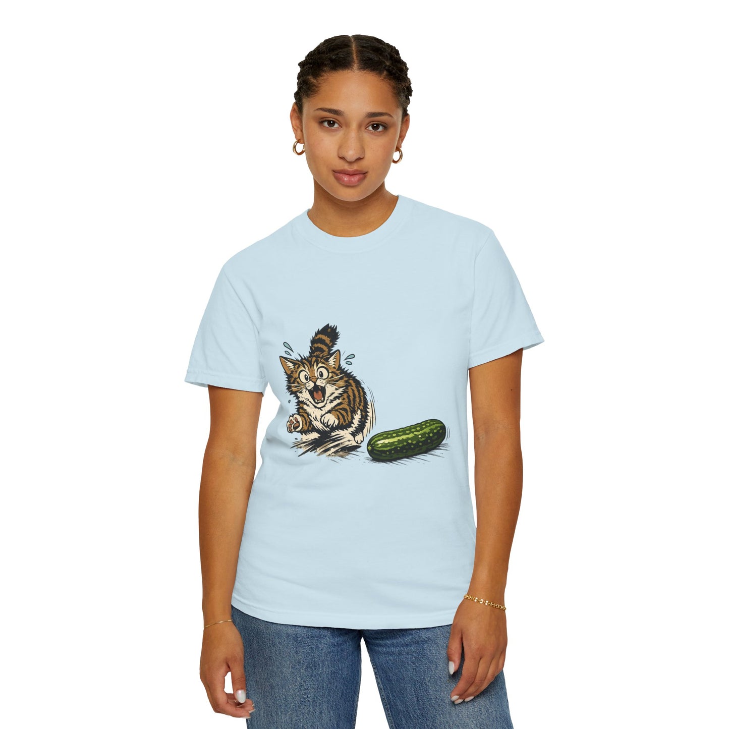 Cat and Cucumber Fear Graphic T-Shirt — Surprised Kitten with Cucumber Illustration