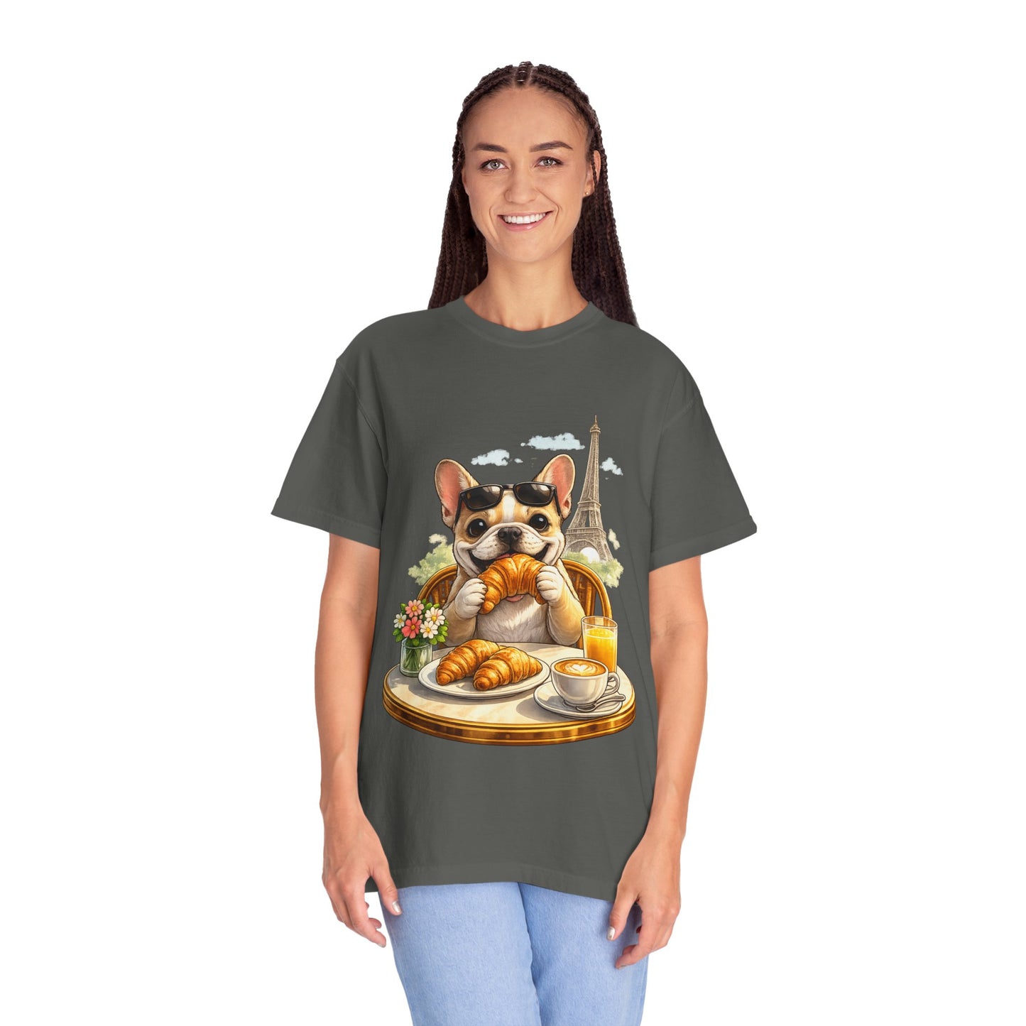 French Bulldog Breakfast T-Shirt — Croissant Café Tee with Eiffel Tower