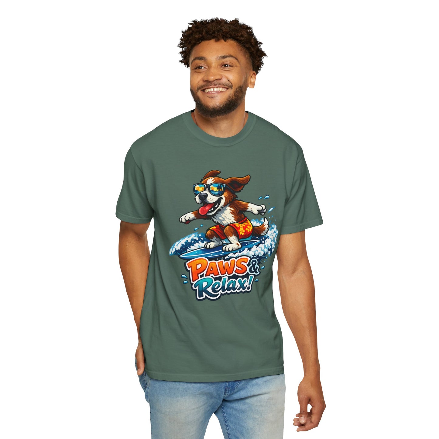Surfing Dog T-Shirt — "Paws & Relax" Graphic Tee