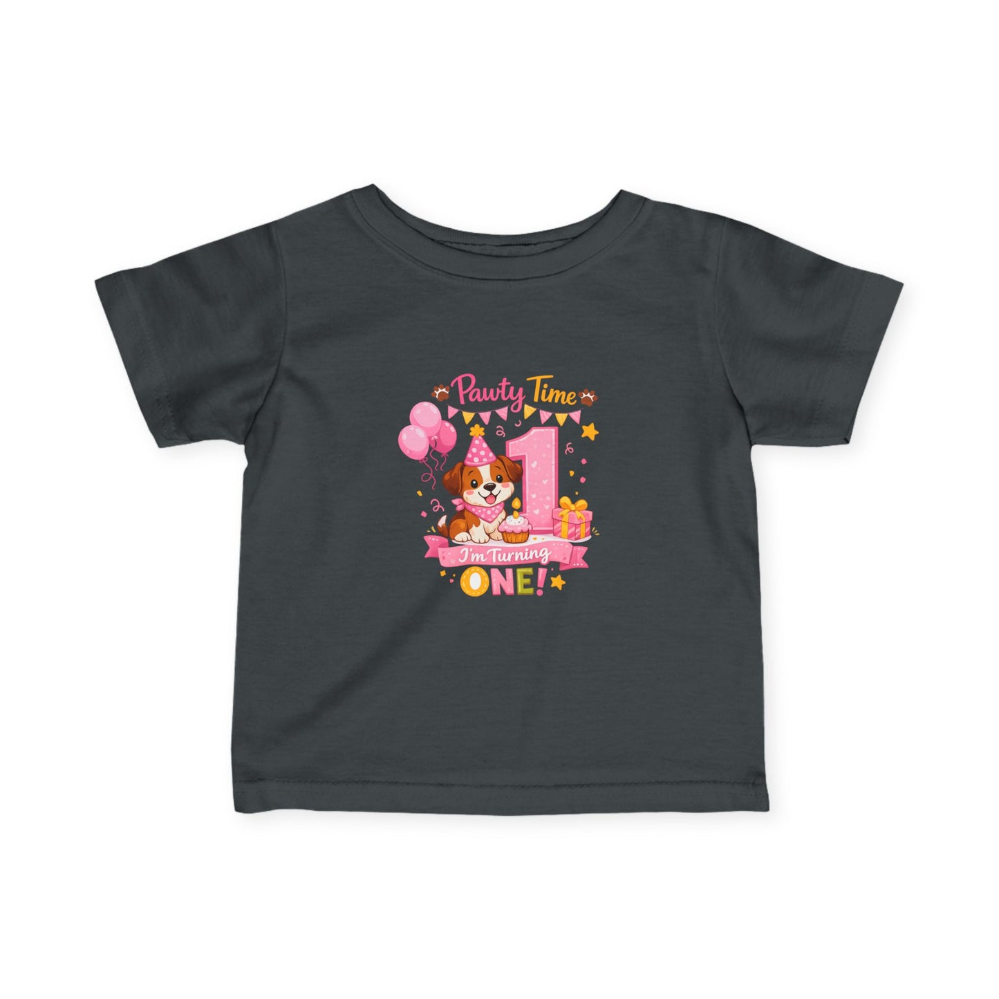 Girls First Birthday Infant Tee — "Party Time One!" Pink Puppy 1st Birthday Shirt