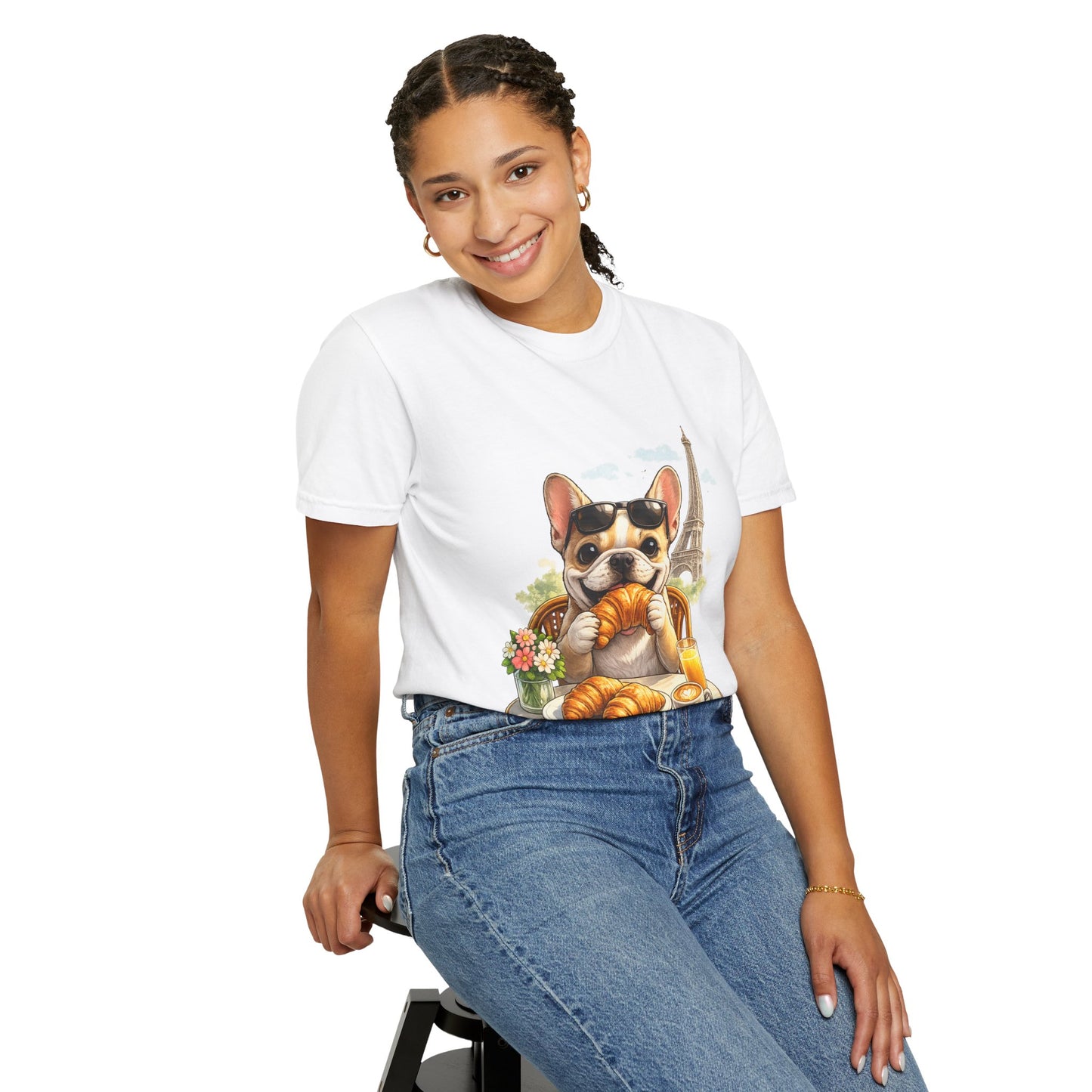 French Bulldog Breakfast T-Shirt — Croissant Café Tee with Eiffel Tower
