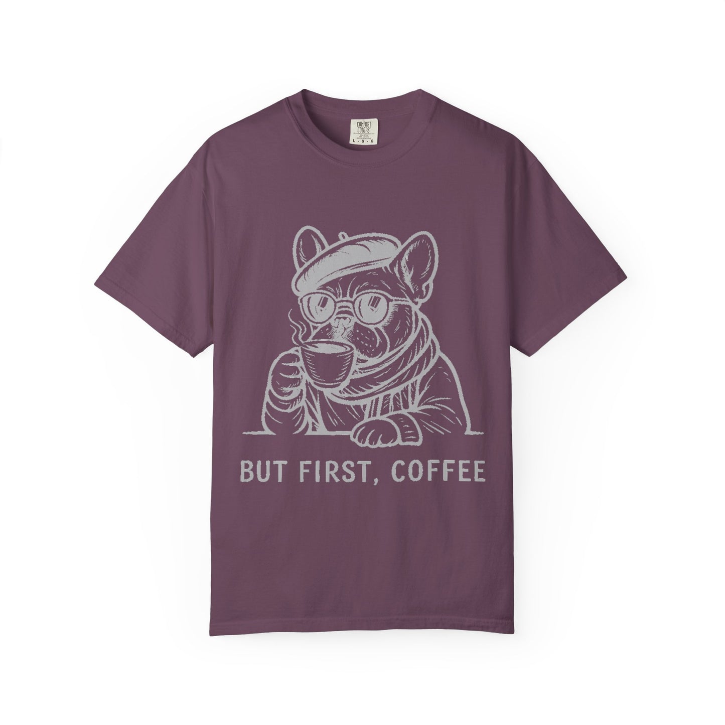 But First, Coffee T-Shirt — French Bulldog Drinking Coffee Graphic Tee