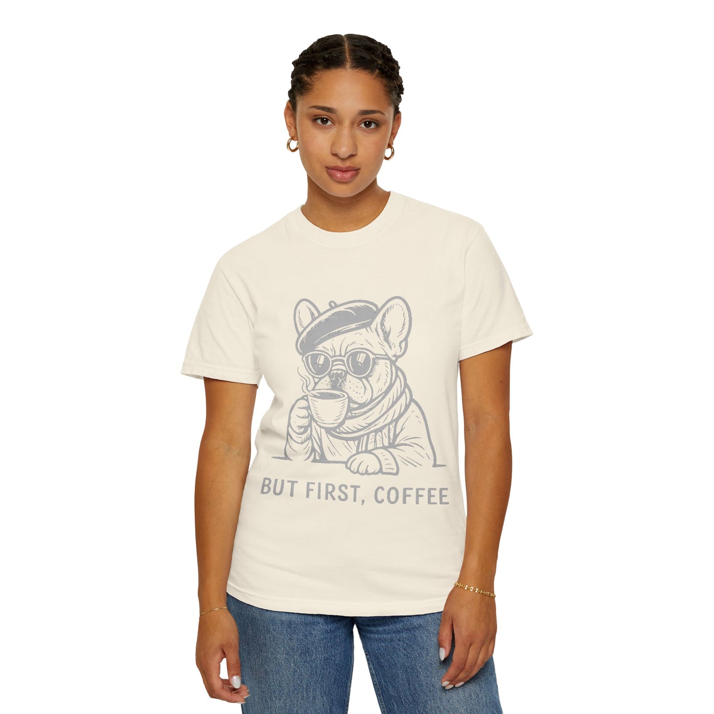 But First, Coffee T-Shirt — French Bulldog Drinking Coffee Graphic Tee