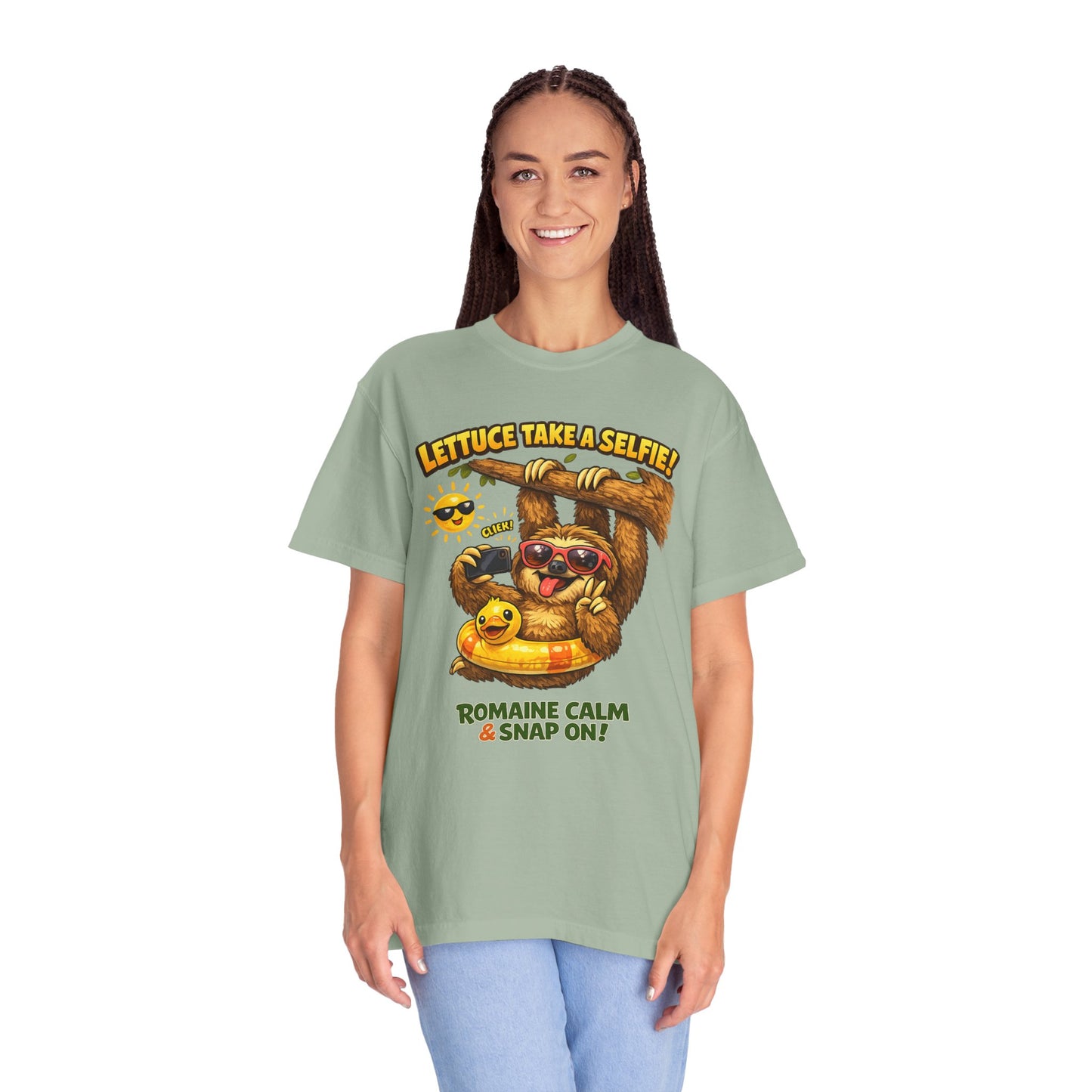 Romaine Calm & Snap On T-Shirt — 'Lettuce Take a Selfie' Sloth Graphic Tee