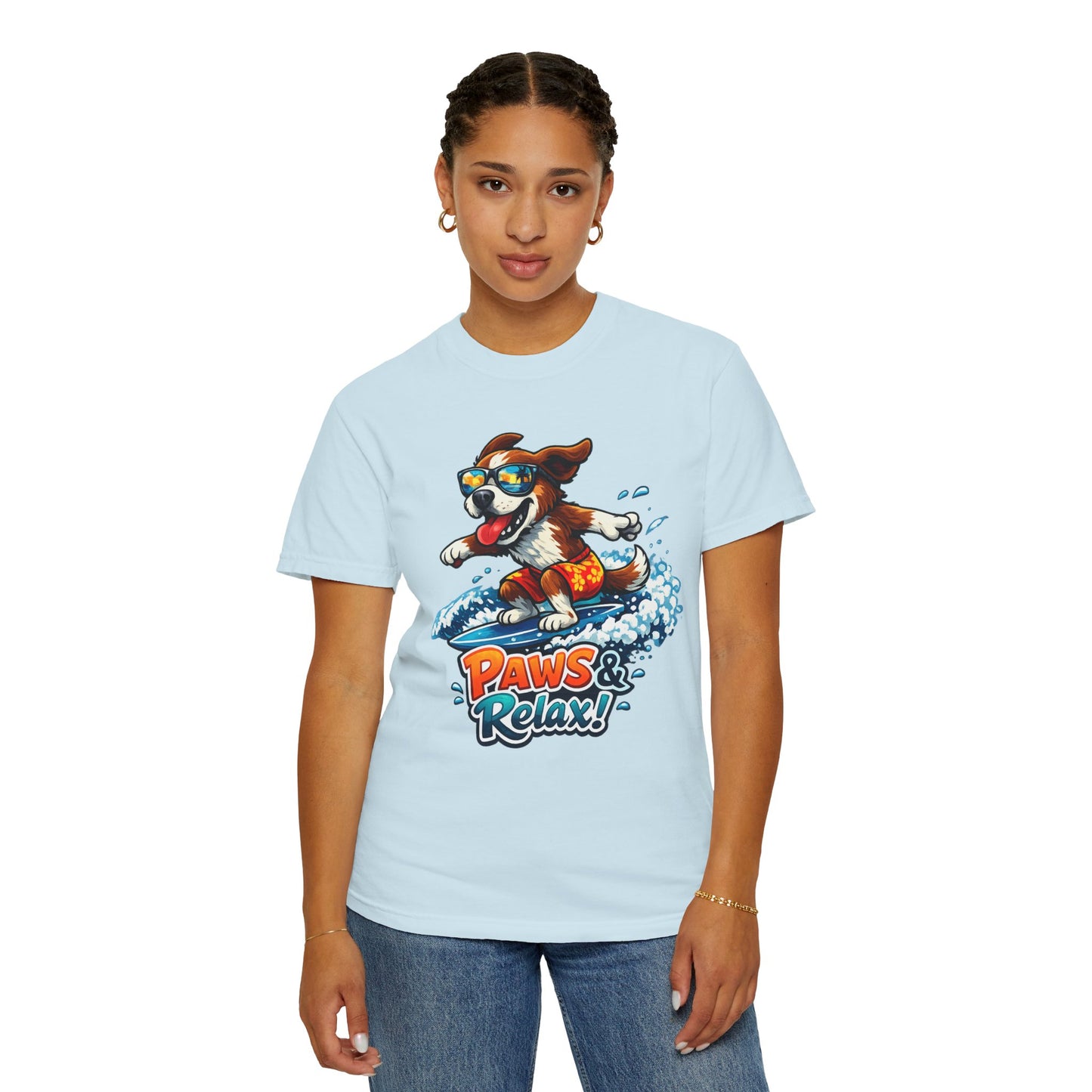Surfing Dog T-Shirt — "Paws & Relax" Graphic Tee