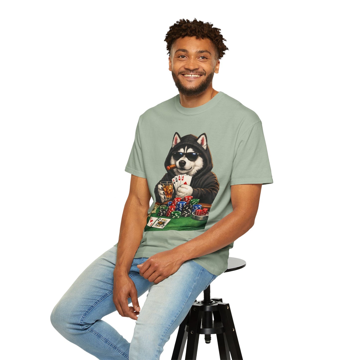 Poker Husky T-Shirt — Dog Playing Cards & Chips Graphic Tee