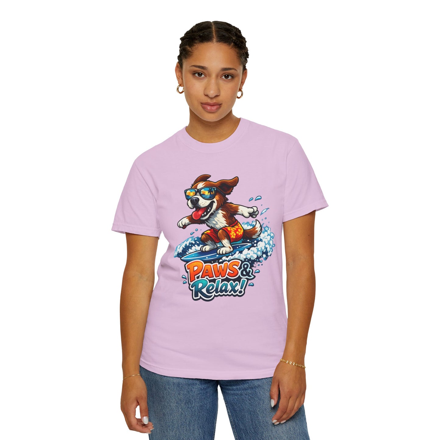 Surfing Dog T-Shirt — "Paws & Relax" Graphic Tee