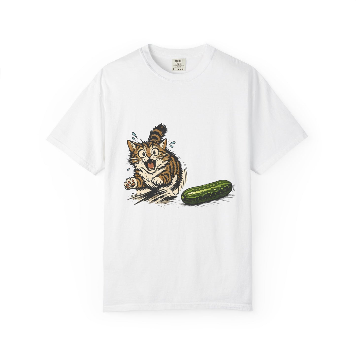 Cat and Cucumber Fear Graphic T-Shirt — Surprised Kitten with Cucumber Illustration