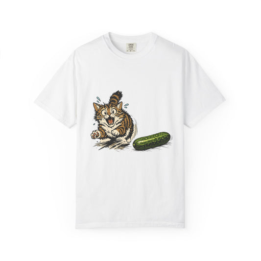 Cat and Cucumber Fear Graphic T-Shirt — Surprised Kitten with Cucumber Illustration
