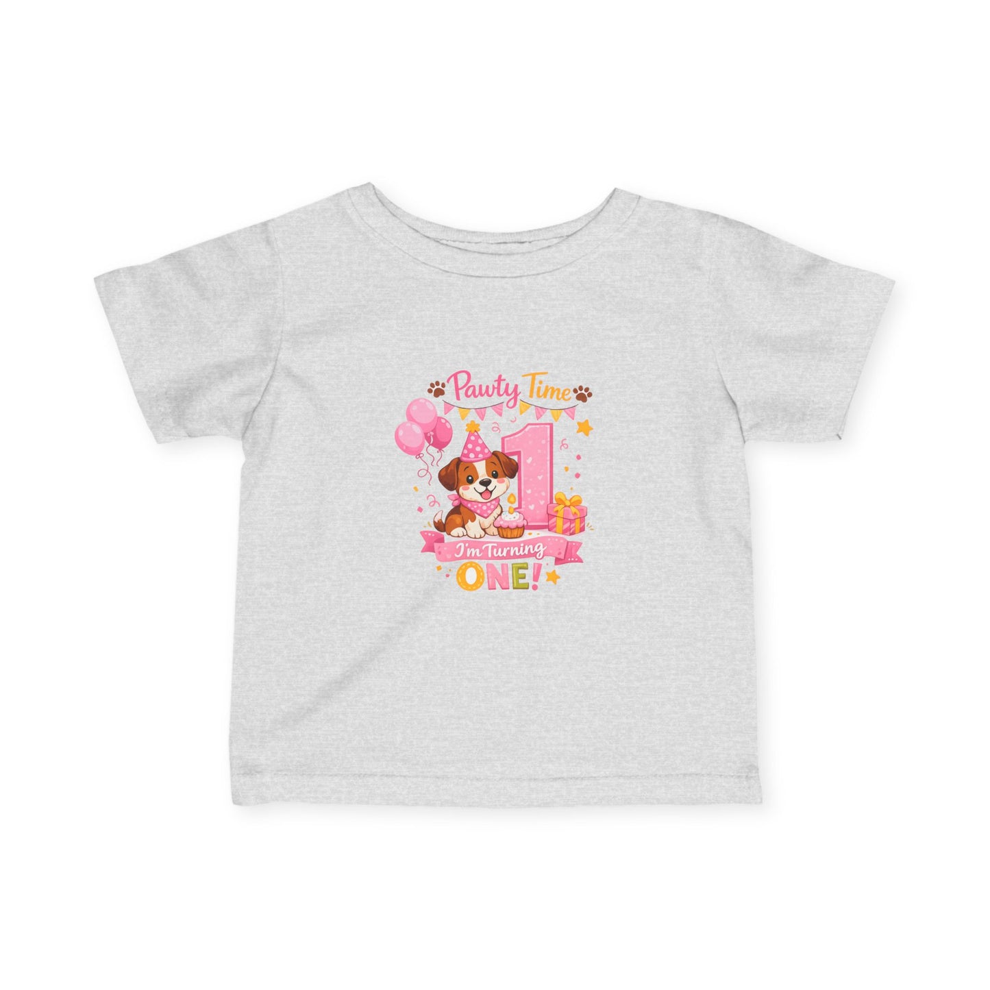 Girls First Birthday Infant Tee — "Party Time One!" Pink Puppy 1st Birthday Shirt