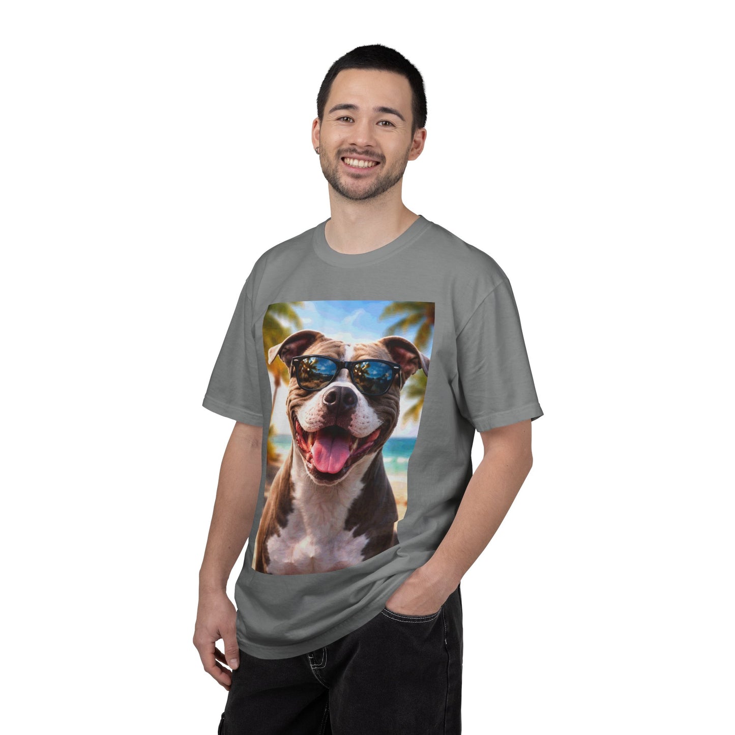 Happy Dog in Sunglasses T-Shirt — Summer Beach Pitbull Graphic Tee