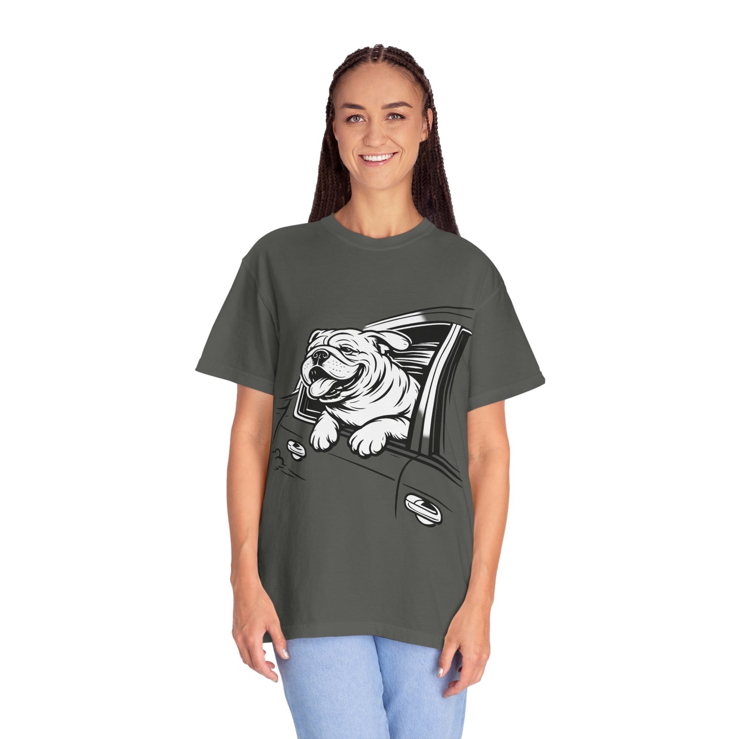 Bulldog Head Out Car Window T-Shirt — Cute Driving Dog Tee