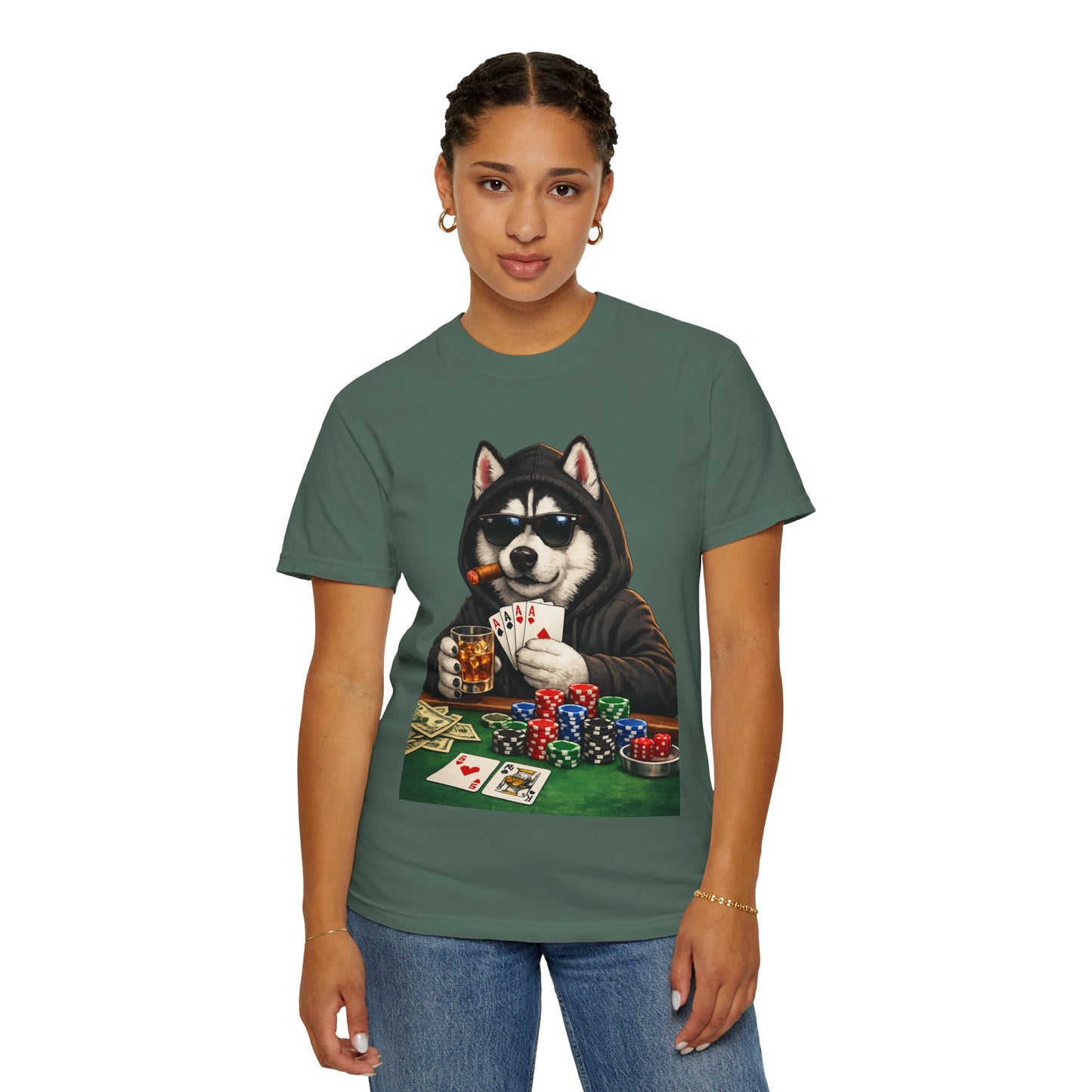 Poker Husky T-Shirt — Dog Playing Cards & Chips Graphic Tee