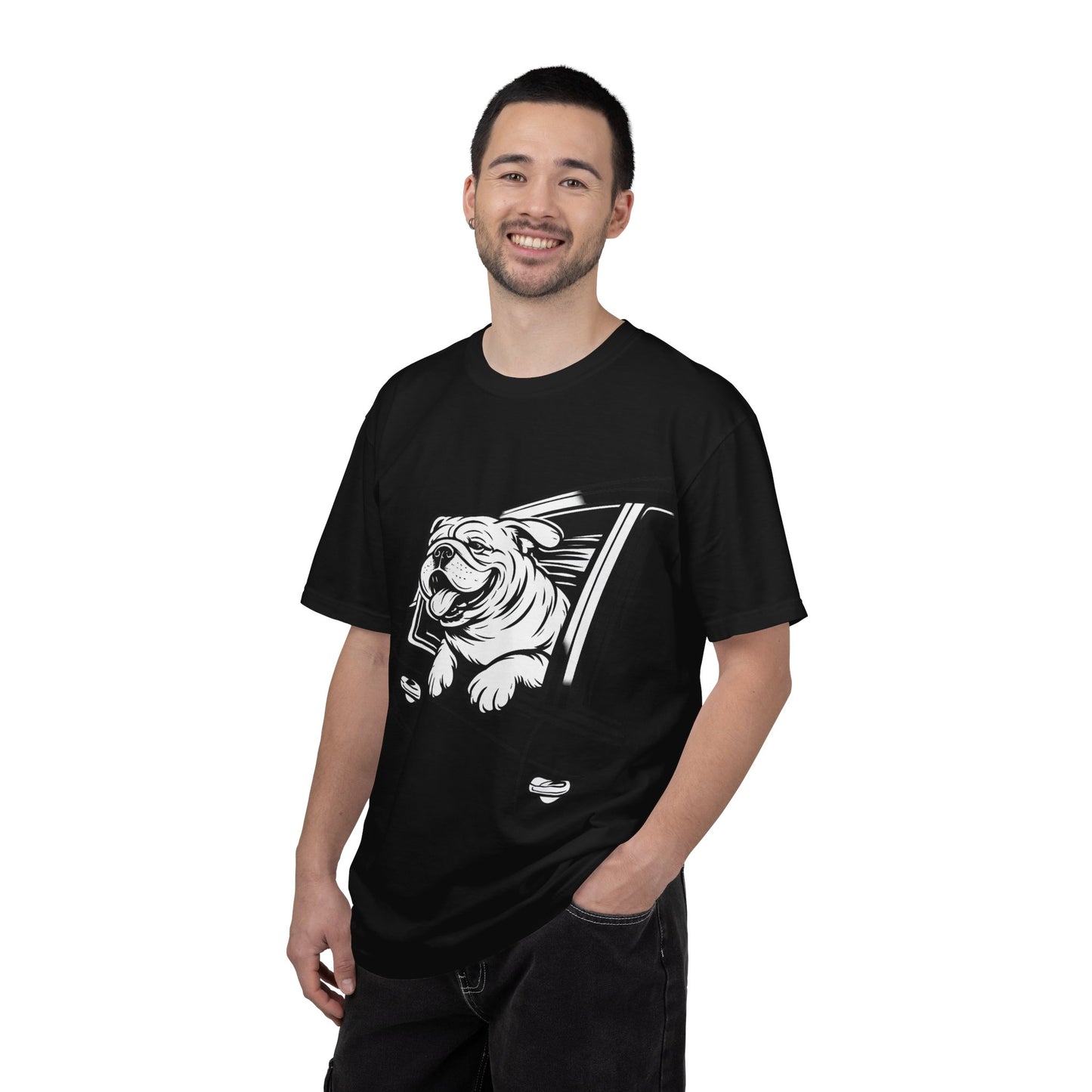 Bulldog Head Out Car Window T-Shirt — Cute Driving Dog Tee