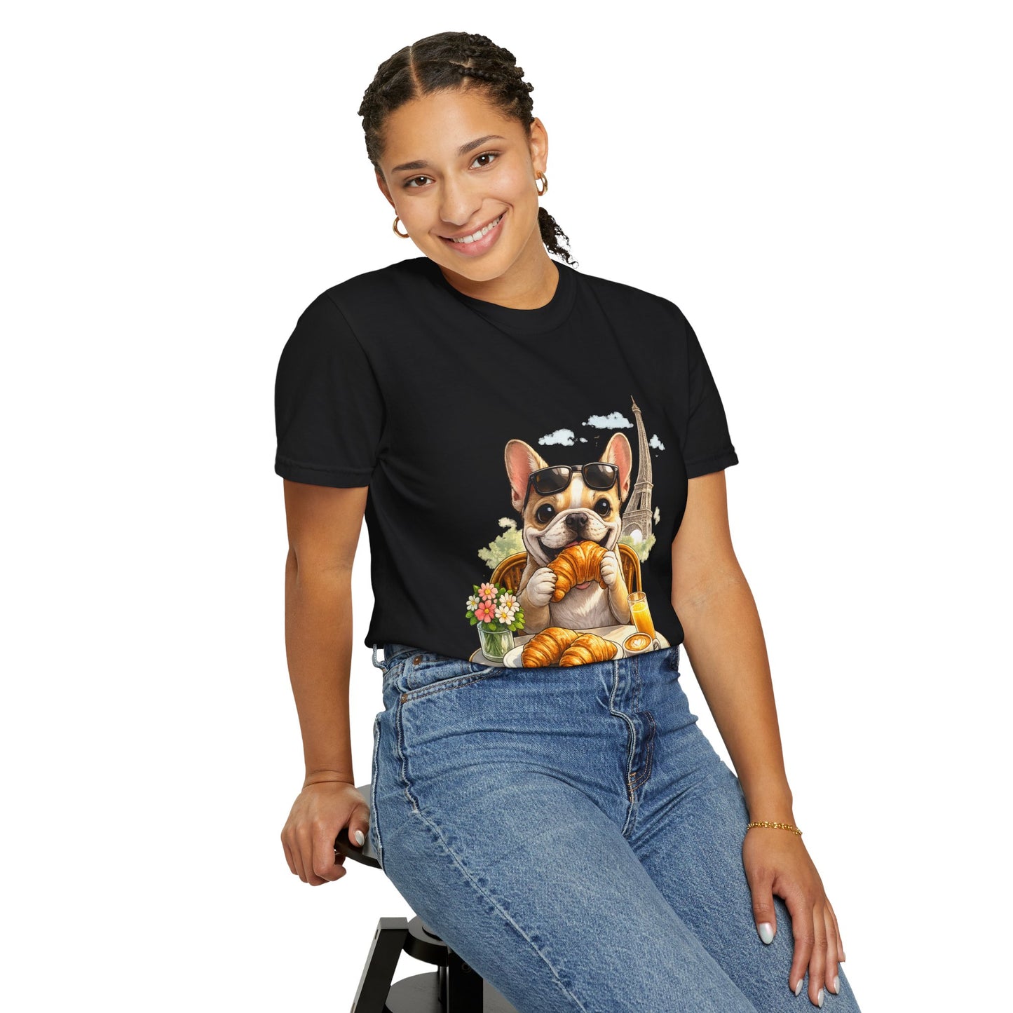 French Bulldog Breakfast T-Shirt — Croissant Café Tee with Eiffel Tower
