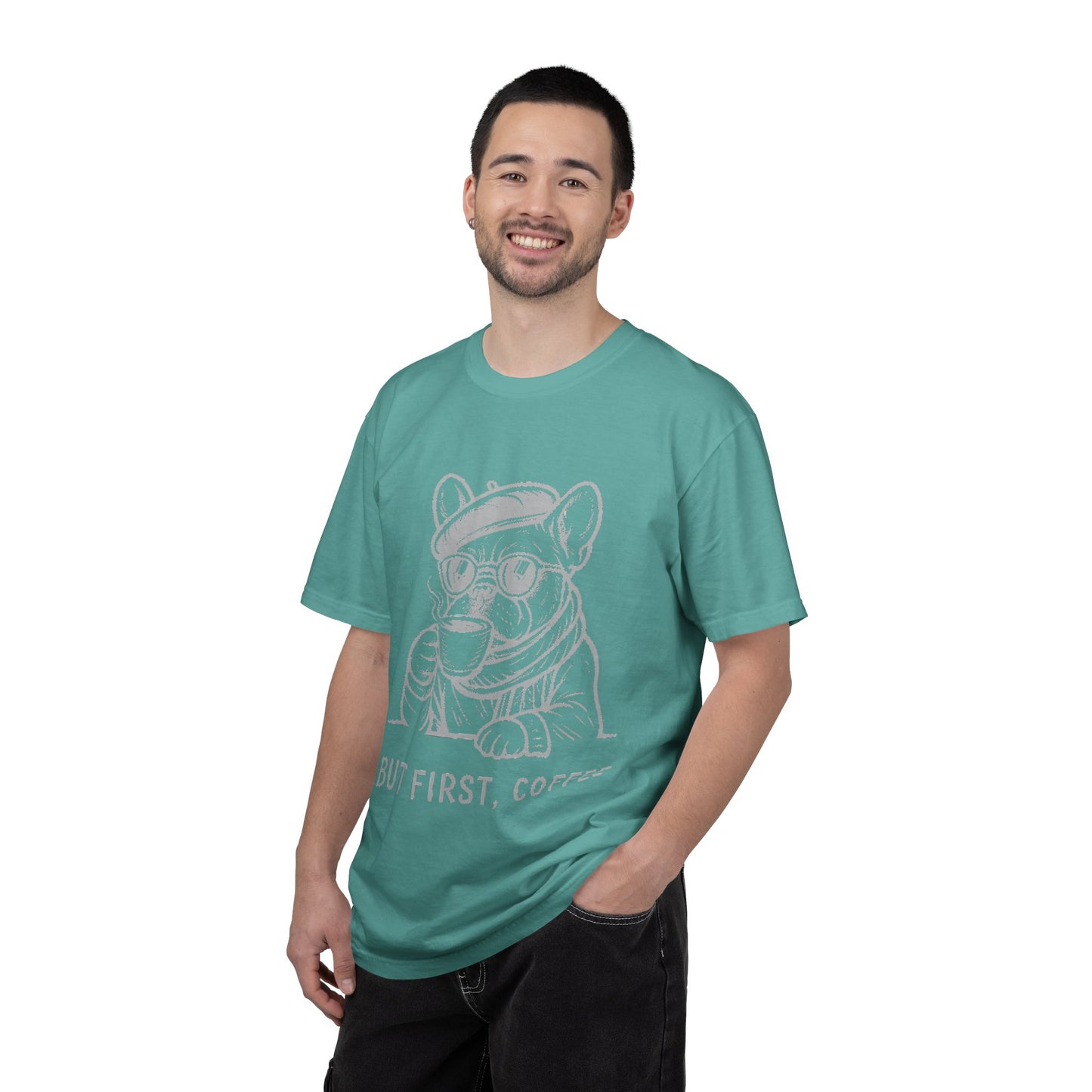 But First, Coffee T-Shirt — French Bulldog Drinking Coffee Graphic Tee