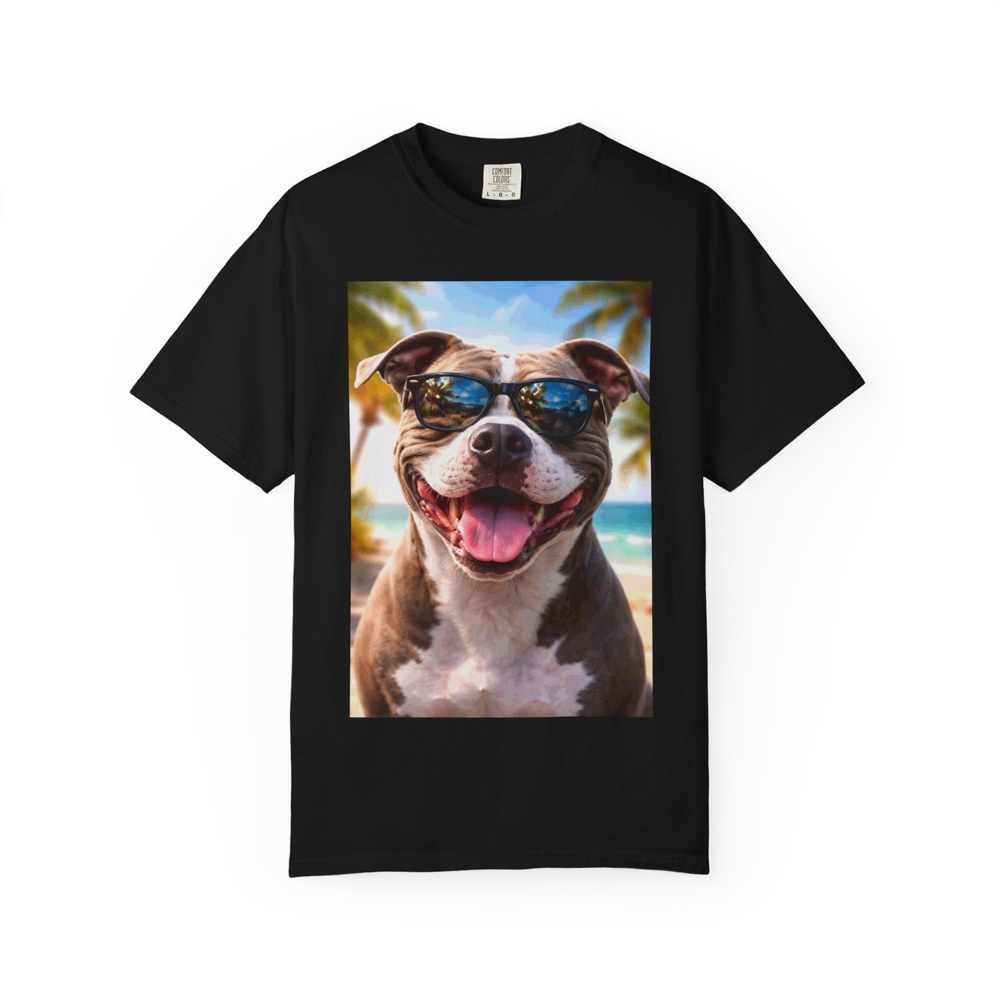 Happy Dog in Sunglasses T-Shirt — Summer Beach Pitbull Graphic Tee