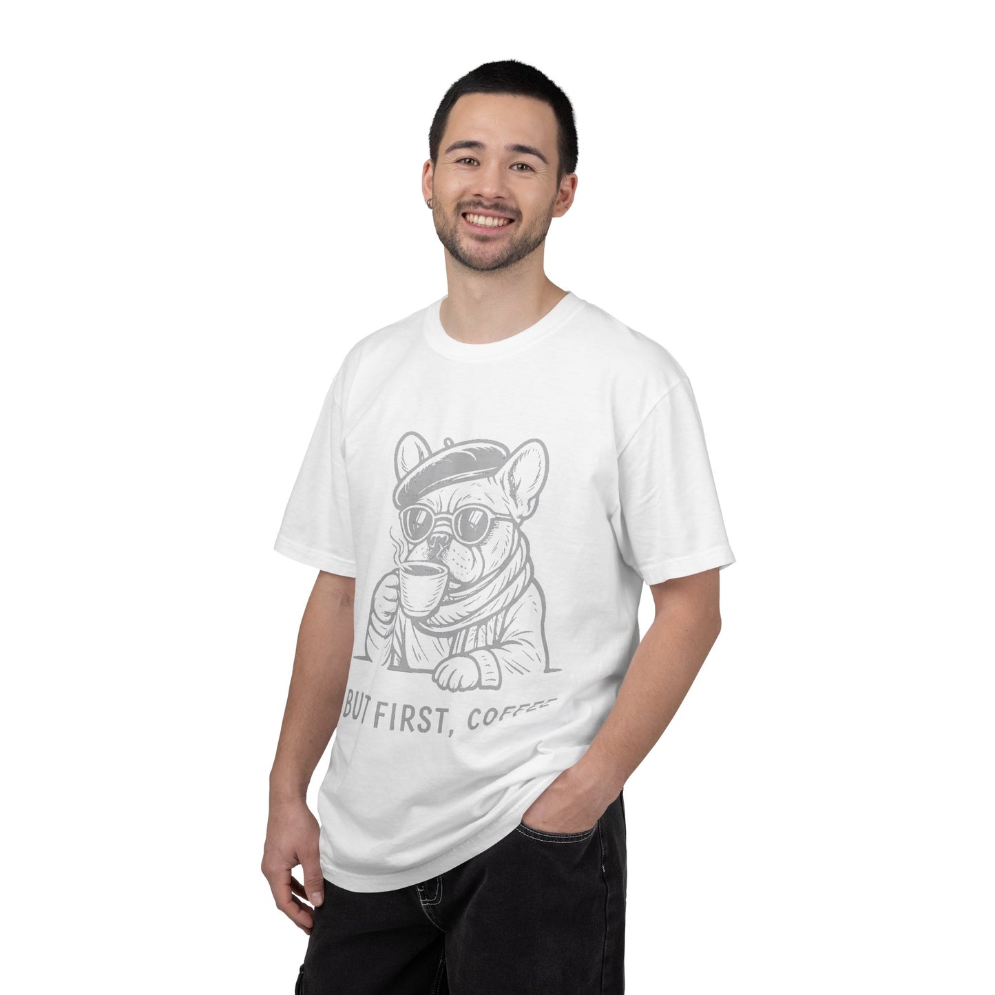 But First, Coffee T-Shirt — French Bulldog Drinking Coffee Graphic Tee