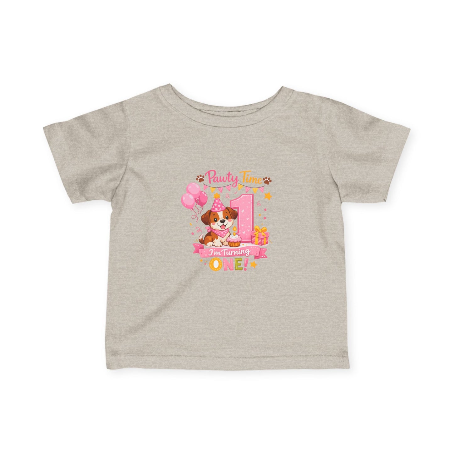 Girls First Birthday Infant Tee — "Party Time One!" Pink Puppy 1st Birthday Shirt