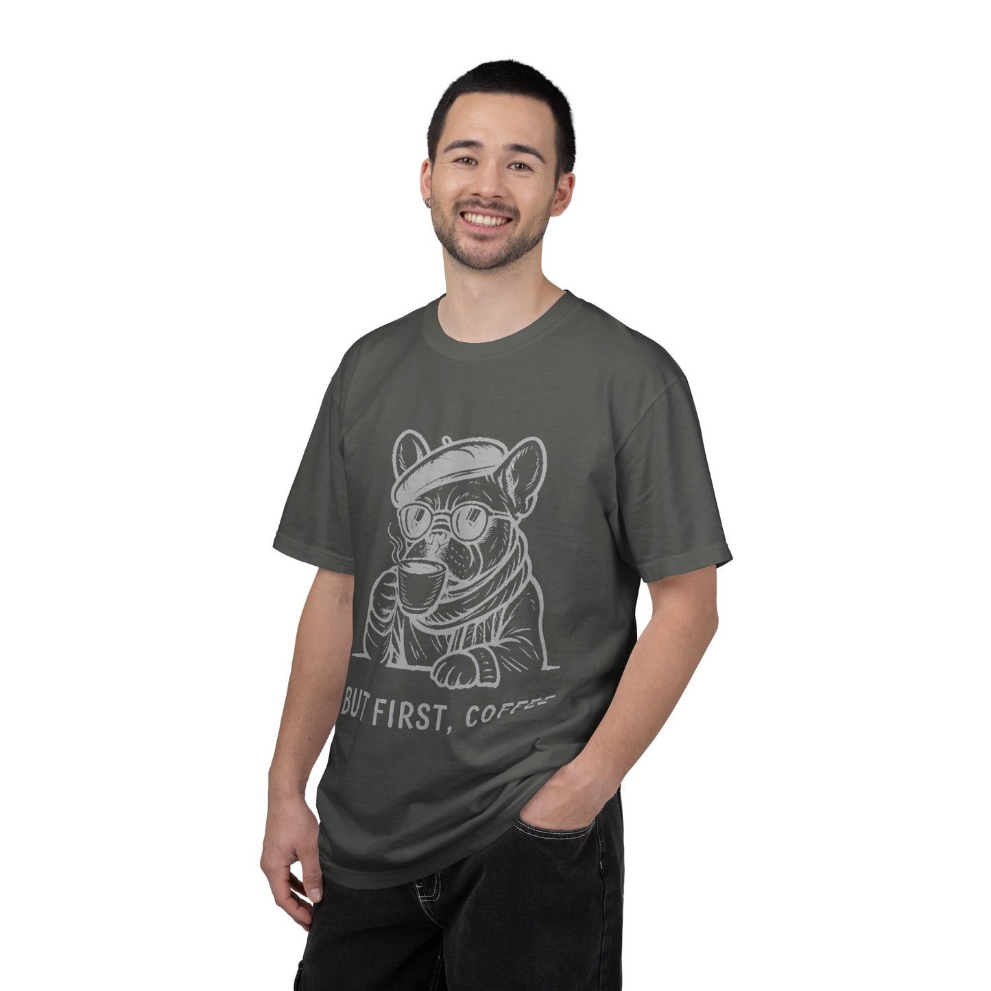 But First, Coffee T-Shirt — French Bulldog Drinking Coffee Graphic Tee