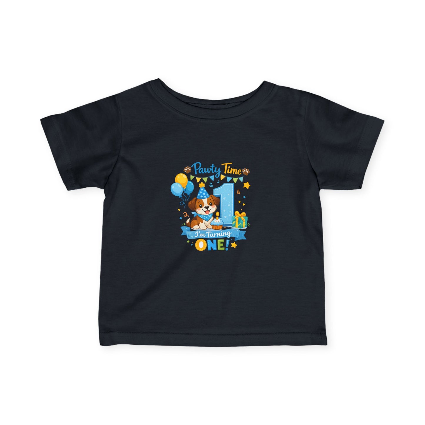 1st Birthday Infant Tee — "Party Time! Turning One" Cute Puppy Balloon Design
