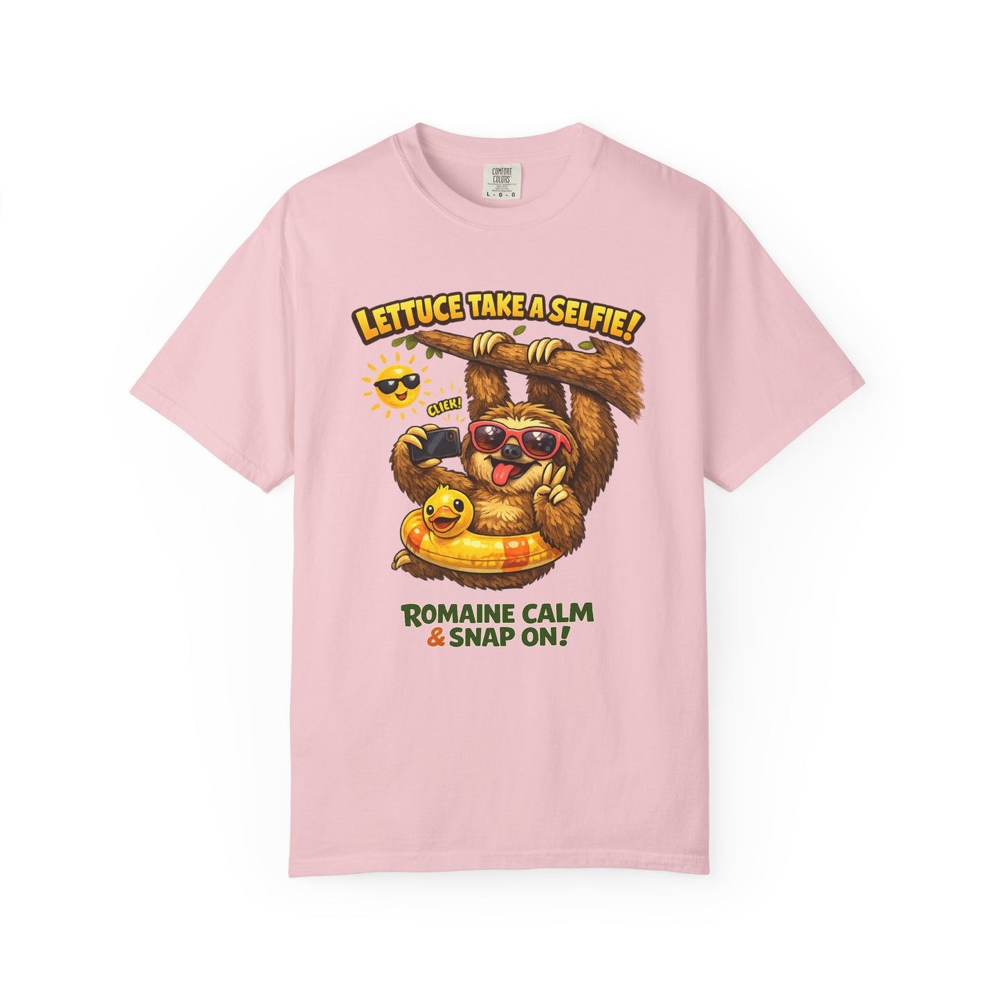 Romaine Calm & Snap On T-Shirt — 'Lettuce Take a Selfie' Sloth Graphic Tee