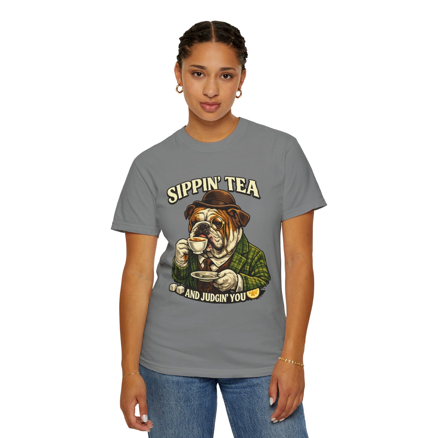Sippin' Tea Bulldog Tee — "Sippin' Tea and Judgin' You" Graphic T-Shirt