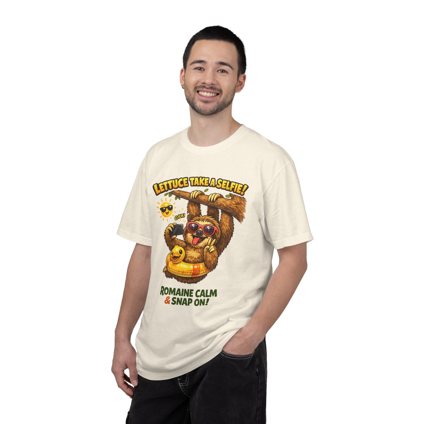 Romaine Calm & Snap On T-Shirt — 'Lettuce Take a Selfie' Sloth Graphic Tee