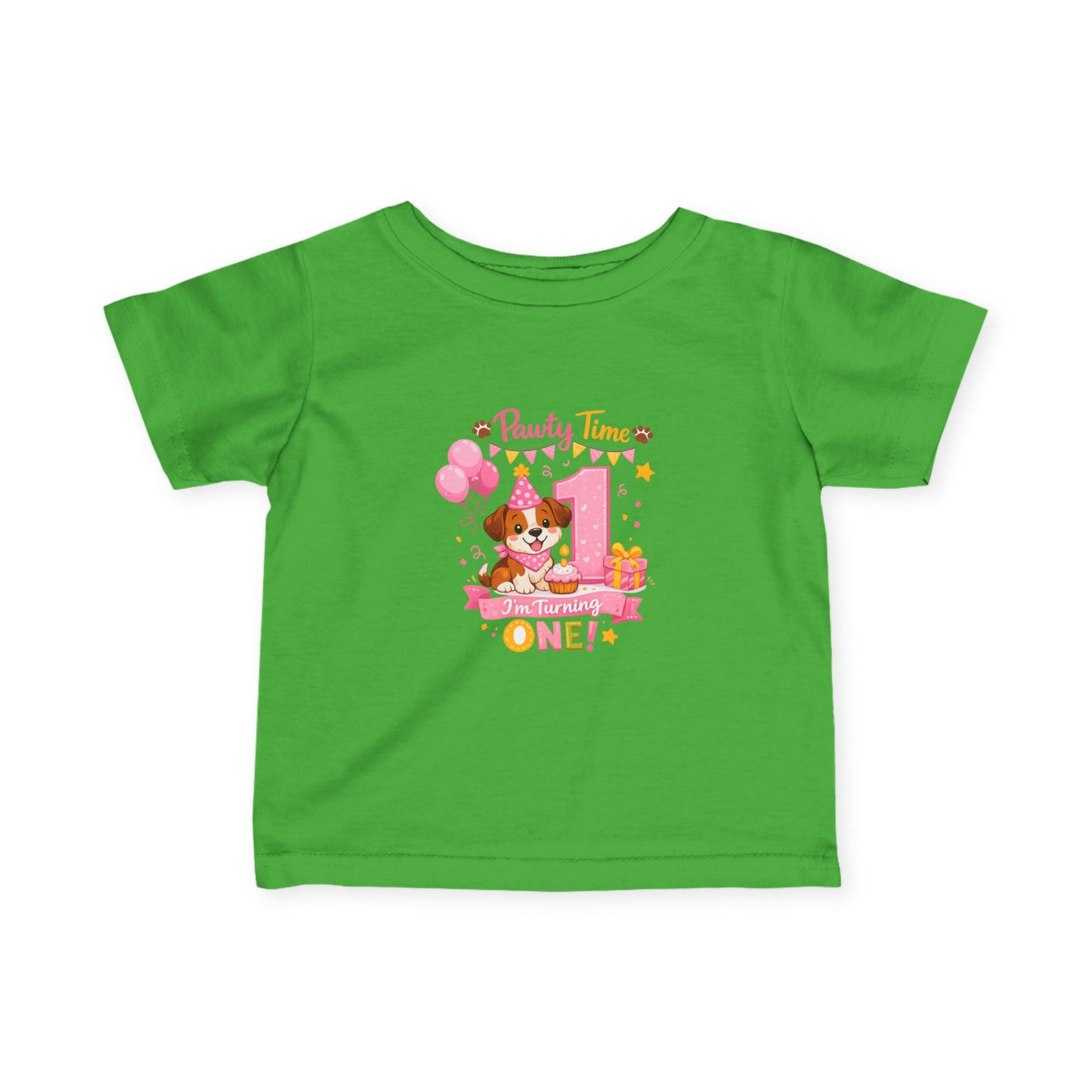 Girls First Birthday Infant Tee — "Party Time One!" Pink Puppy 1st Birthday Shirt