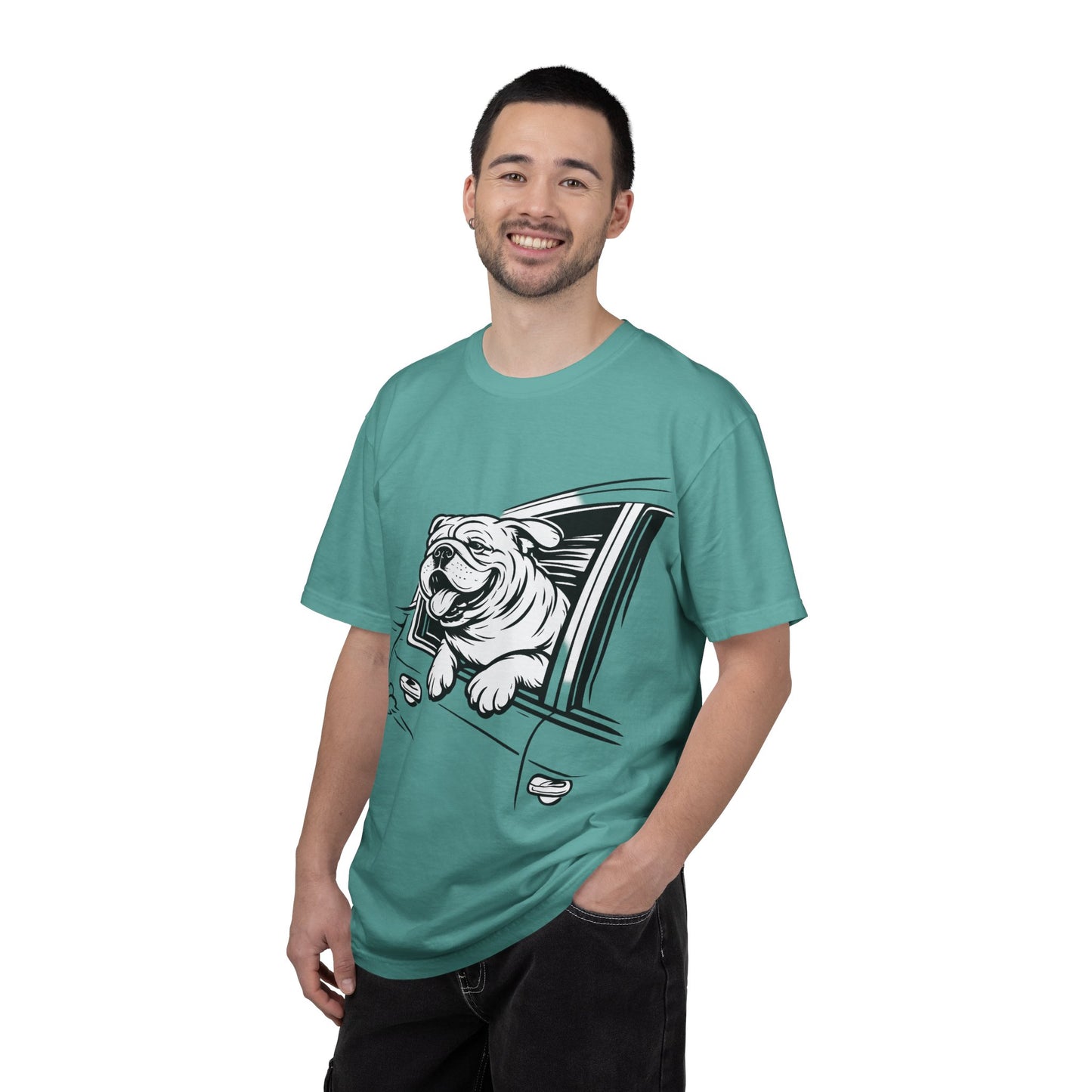 Bulldog Head Out Car Window T-Shirt — Cute Driving Dog Tee