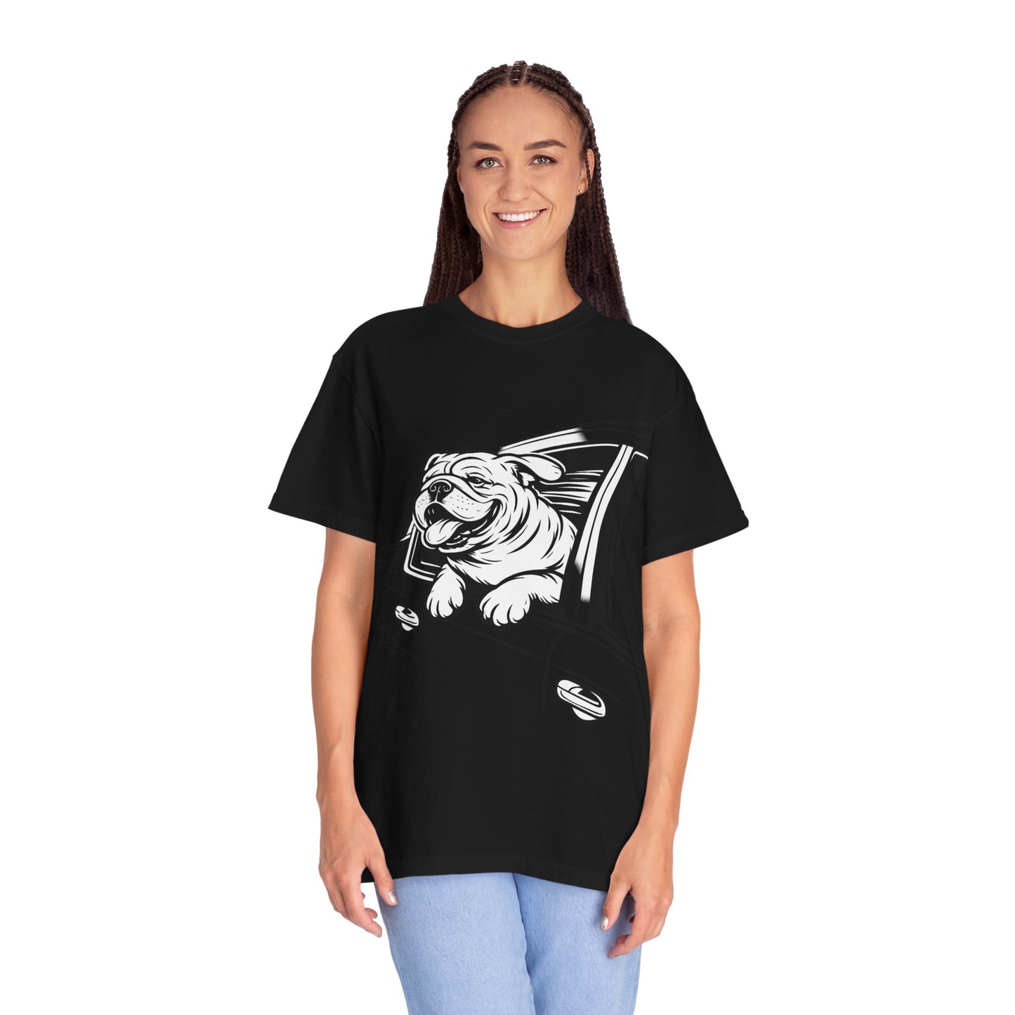 Bulldog Head Out Car Window T-Shirt — Cute Driving Dog Tee